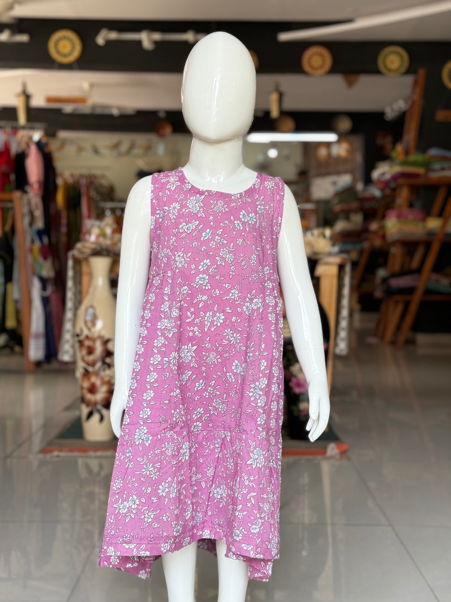 Mauve floral printed cotton frock for girls