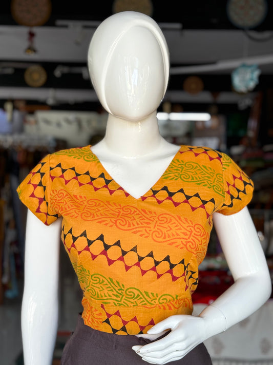 Mango yellow hand block printed cotton v neck crop top / blouse