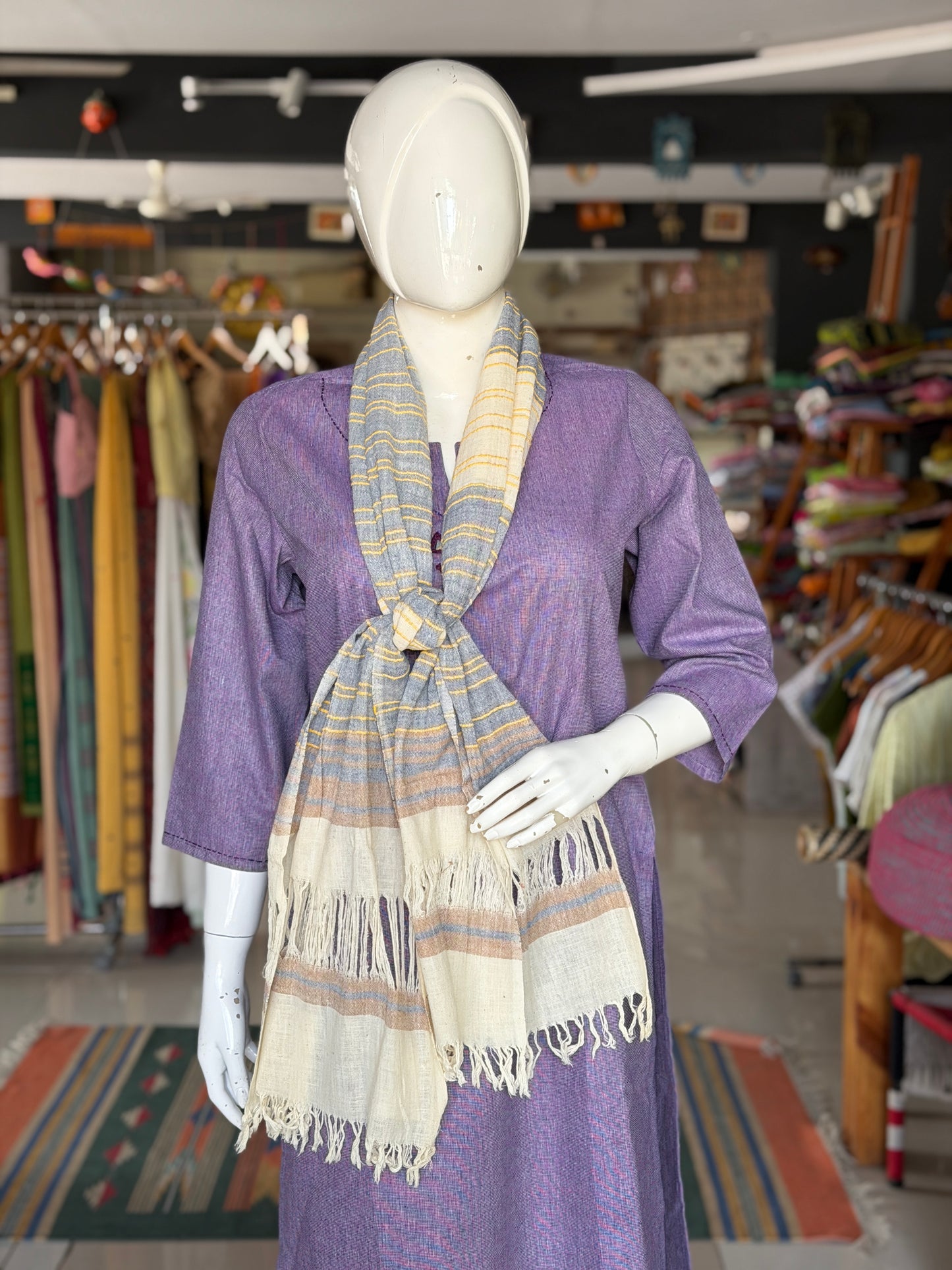 Light blue hand spun, hand woven cotton scarf / stole with yellow stripes - unisex