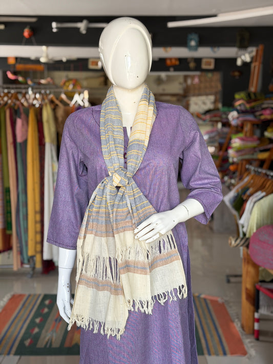 Light blue hand spun, hand woven cotton scarf / stole with yellow stripes - unisex
