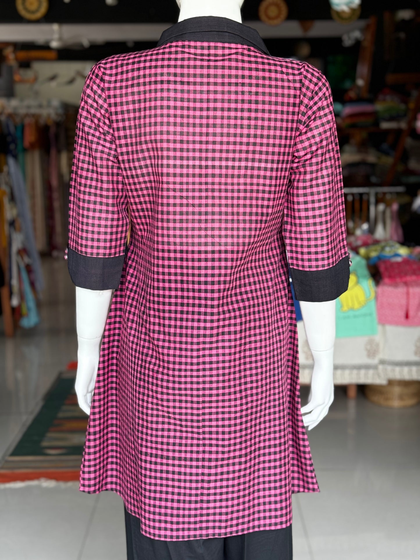 Pink and black checks handloom cotton shirt tunic with fabric buttons