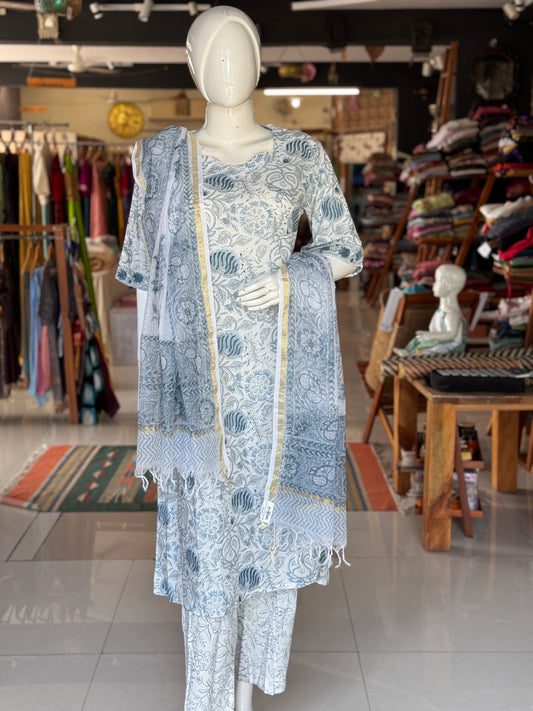 White n blue hand block printed cotton 3 piece a-line kurta suit set with kota doria dupatta