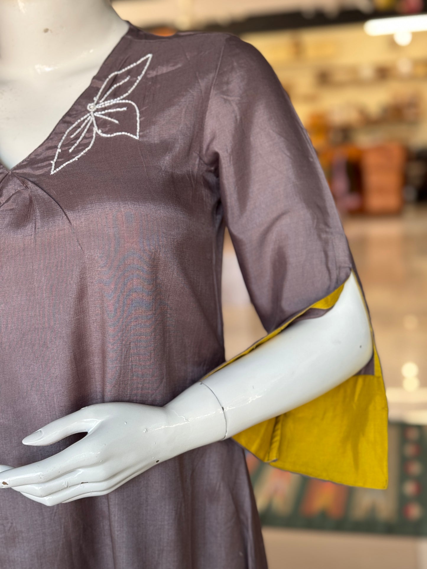 Purplish grey Co-ord set in hand embroidered muslin -  kurti, pants set