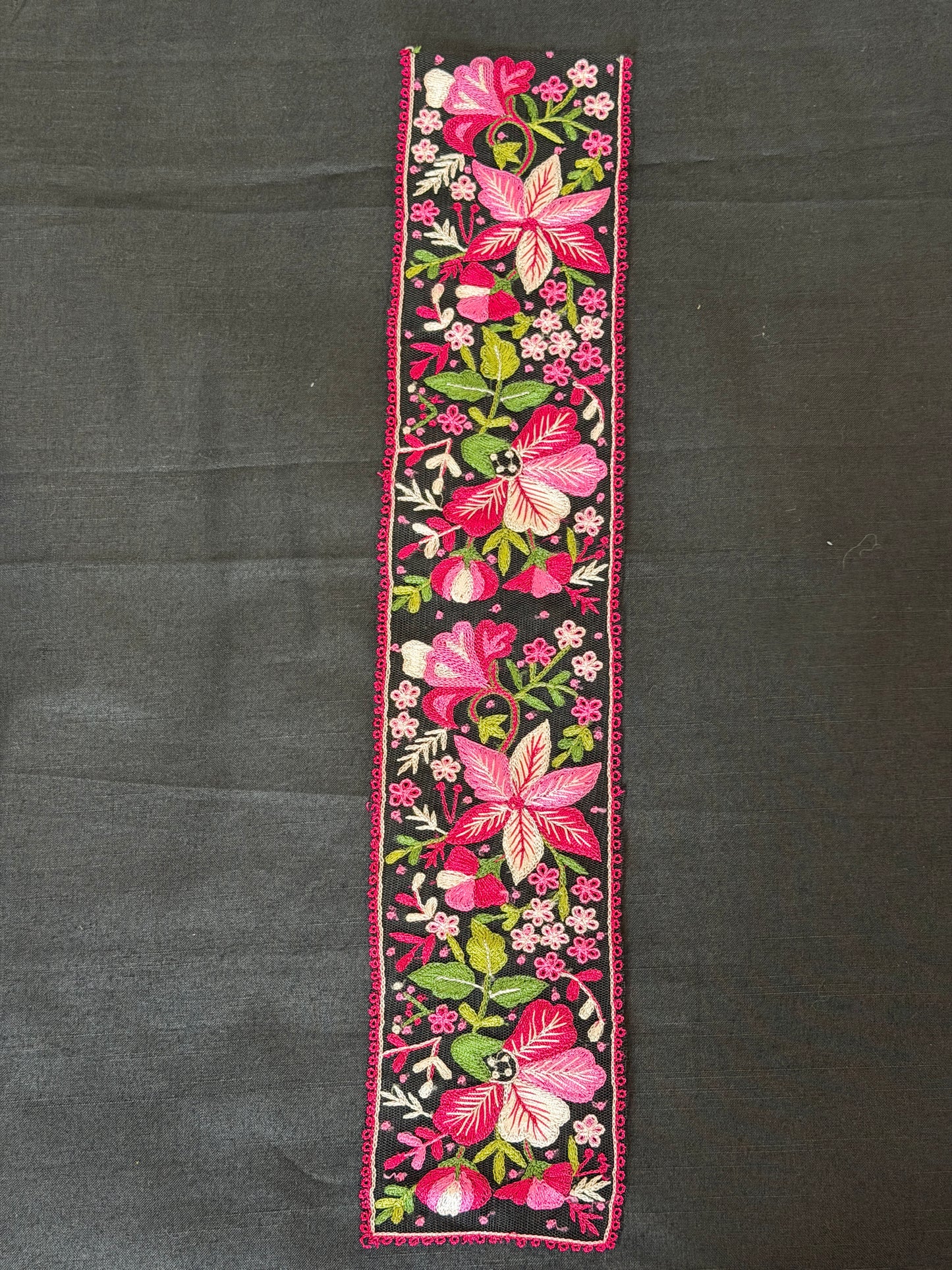 Pink flowers and leaves embroidered patch border on black net base