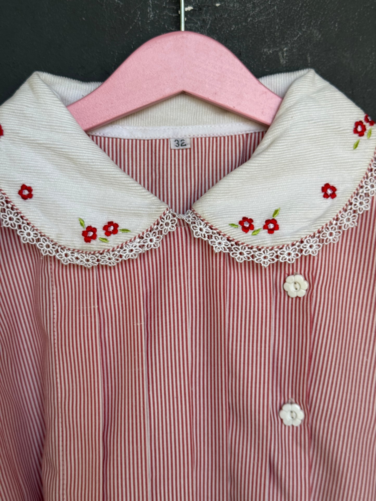Red white stripes cotton embroidered frock with corduroy belt and collar