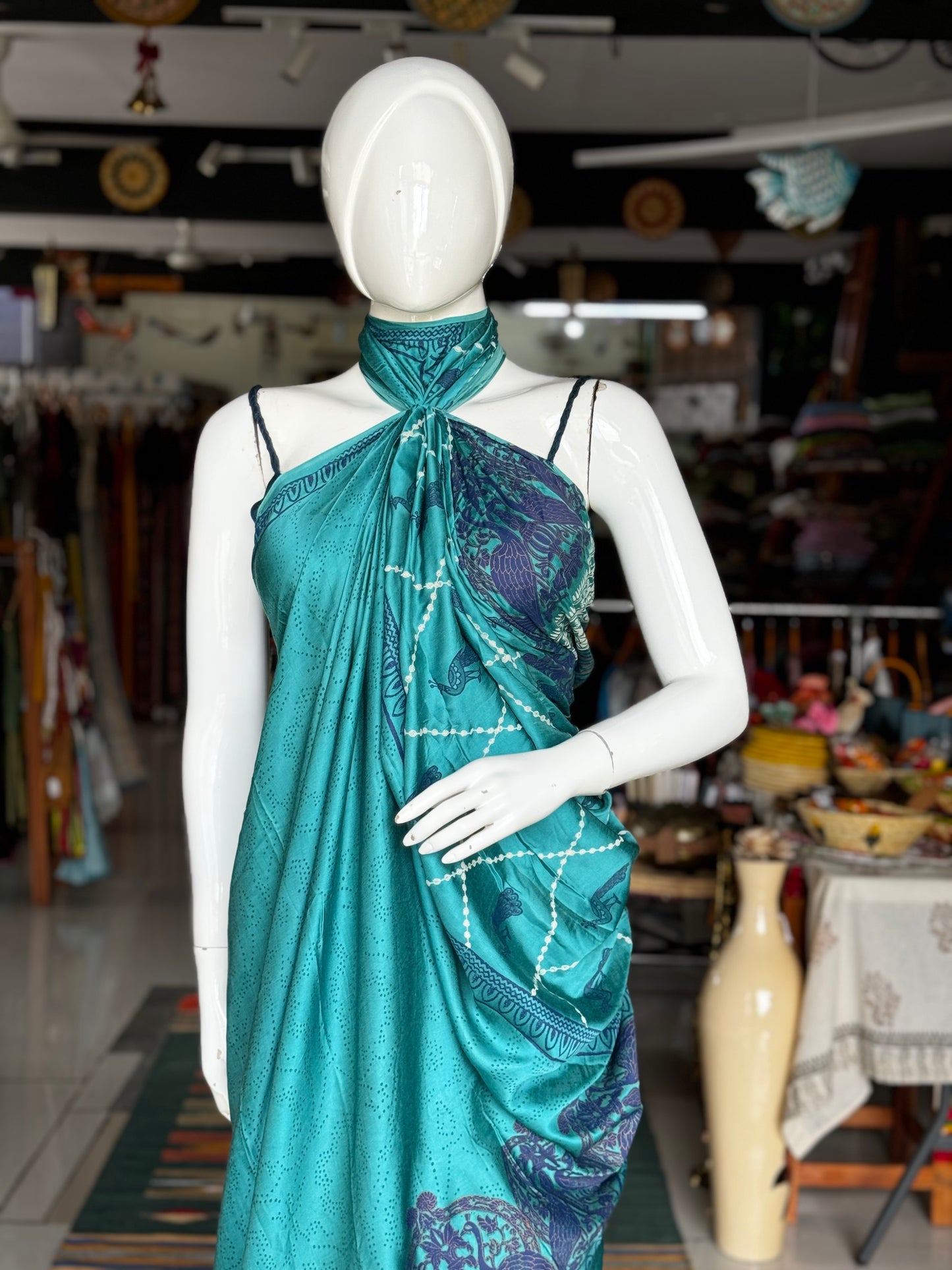 Turquoise hand block print designer modal saree