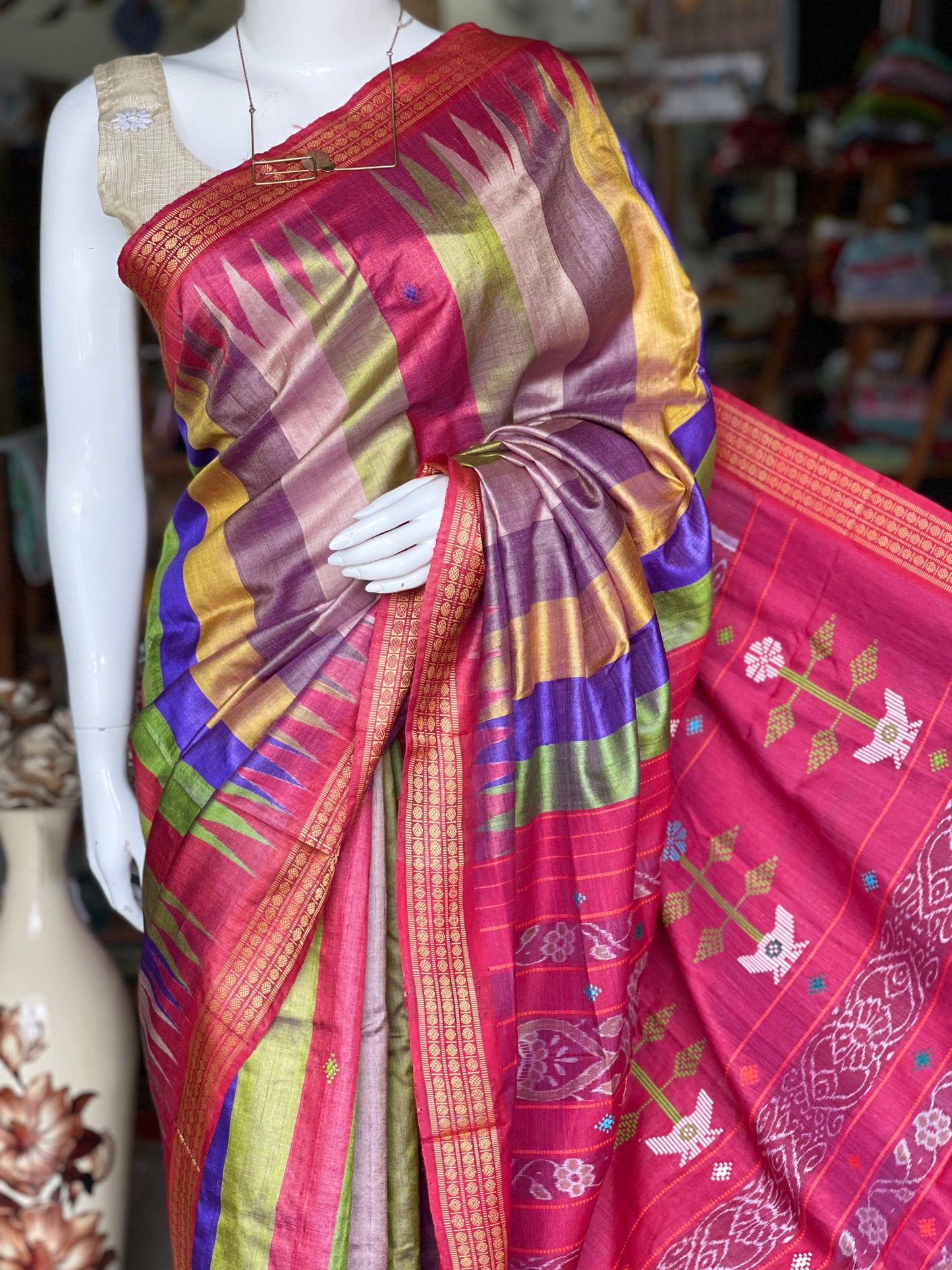 Colourful stripes tussar silk handloom saree with Ikat and hand motifs pallu