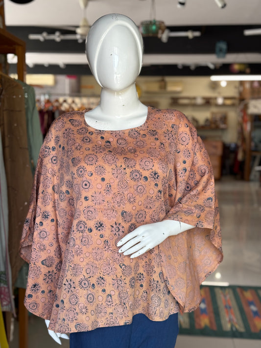 Blue flowers n circles on beige cape top - hand block printed, natural dyed, Kalamkari satin cotton top