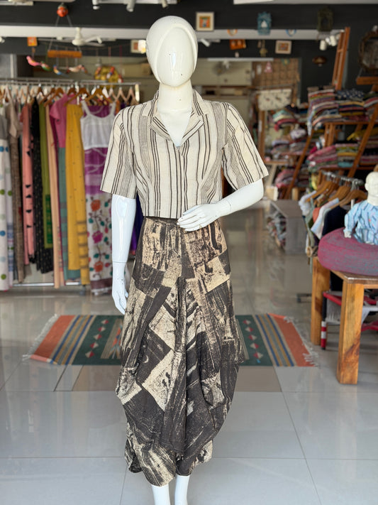 Black and beige Ajrakh natural dyed, hand block printed cotton designer skirt - with pockets