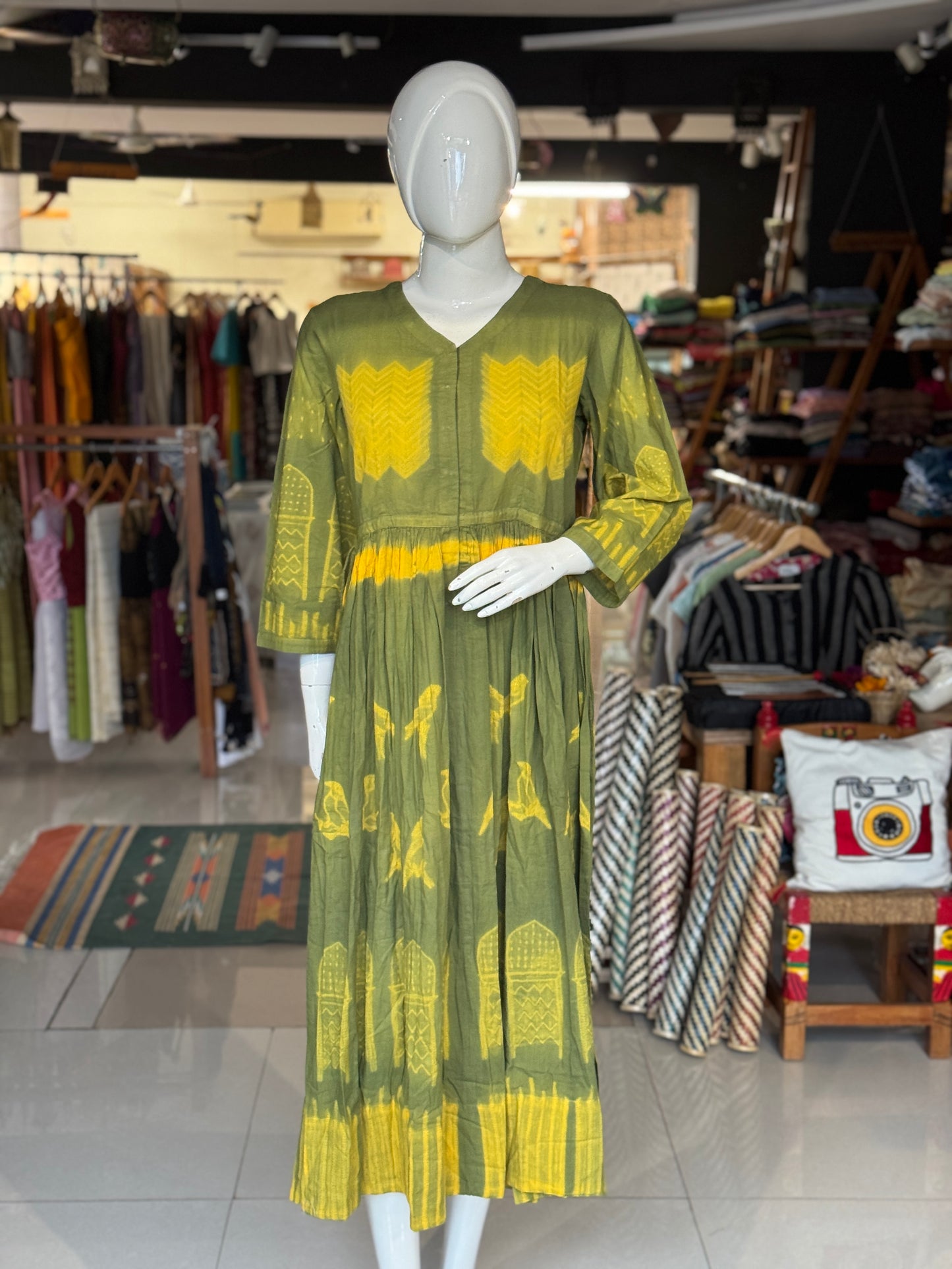Green and yellow Shibori needle tie n dye cotton dress with draw string waist
