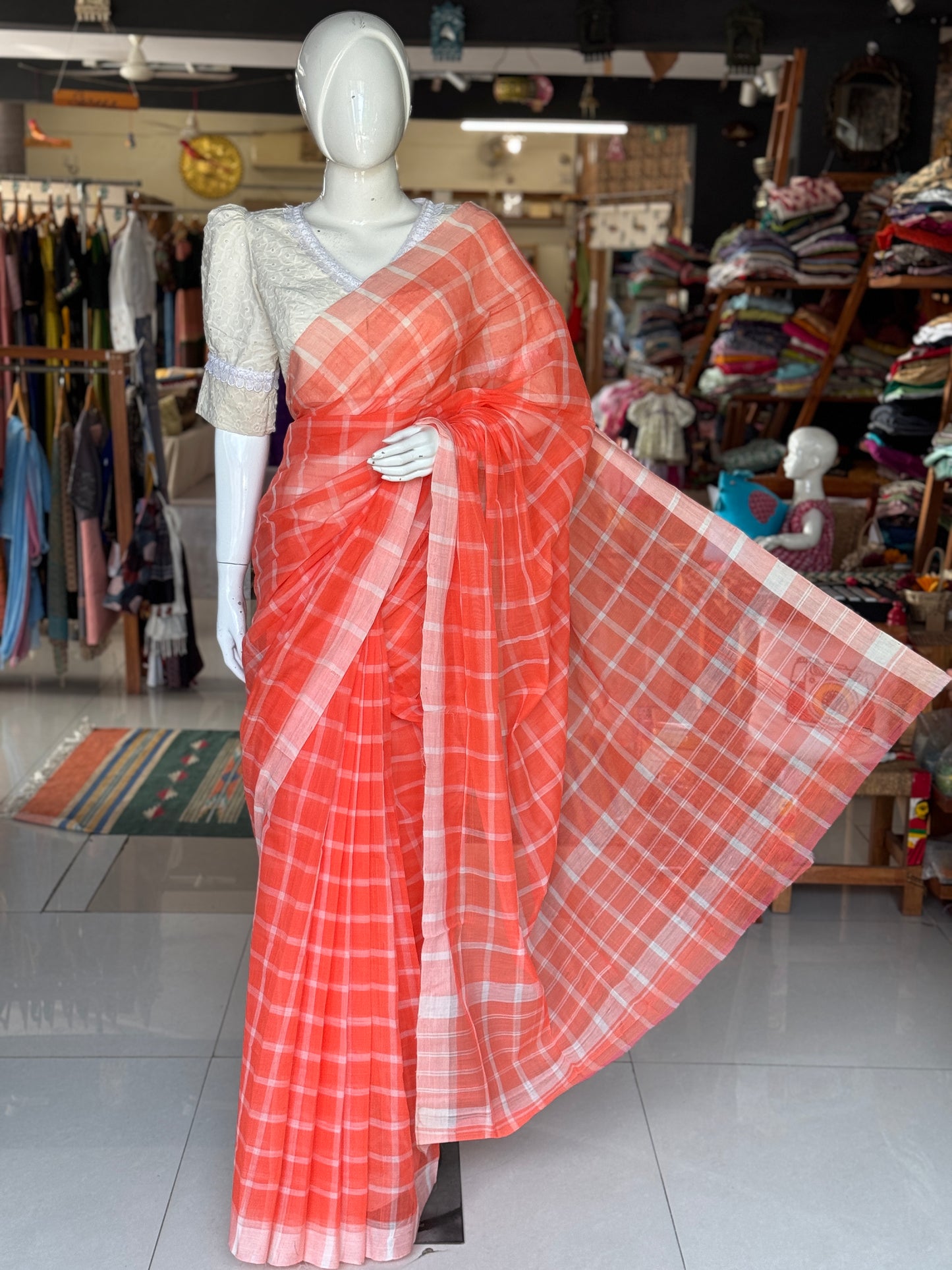 Checkered light weight soft handloom Bobbili cotton saree - multiple colors available