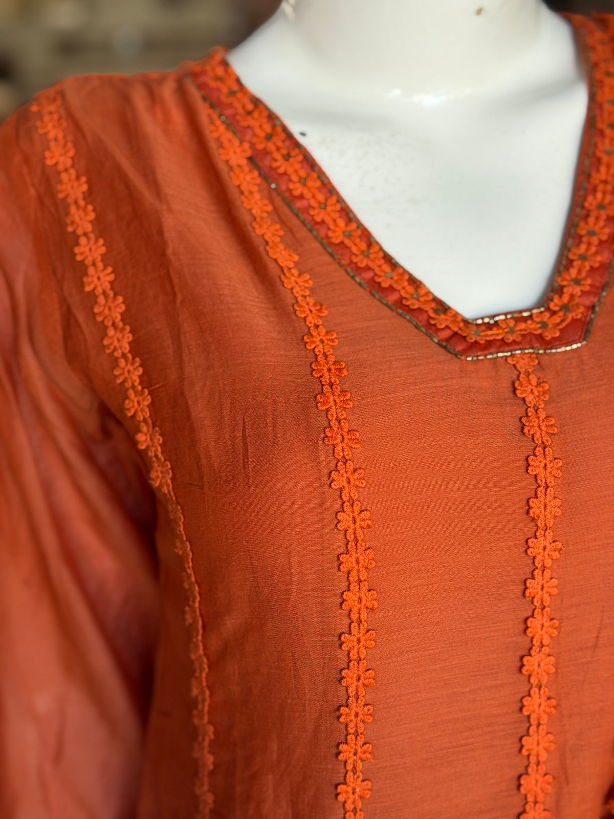 Rust Orange mul chanderi silk 3 piece set: a-line kurti, pants n dupatta