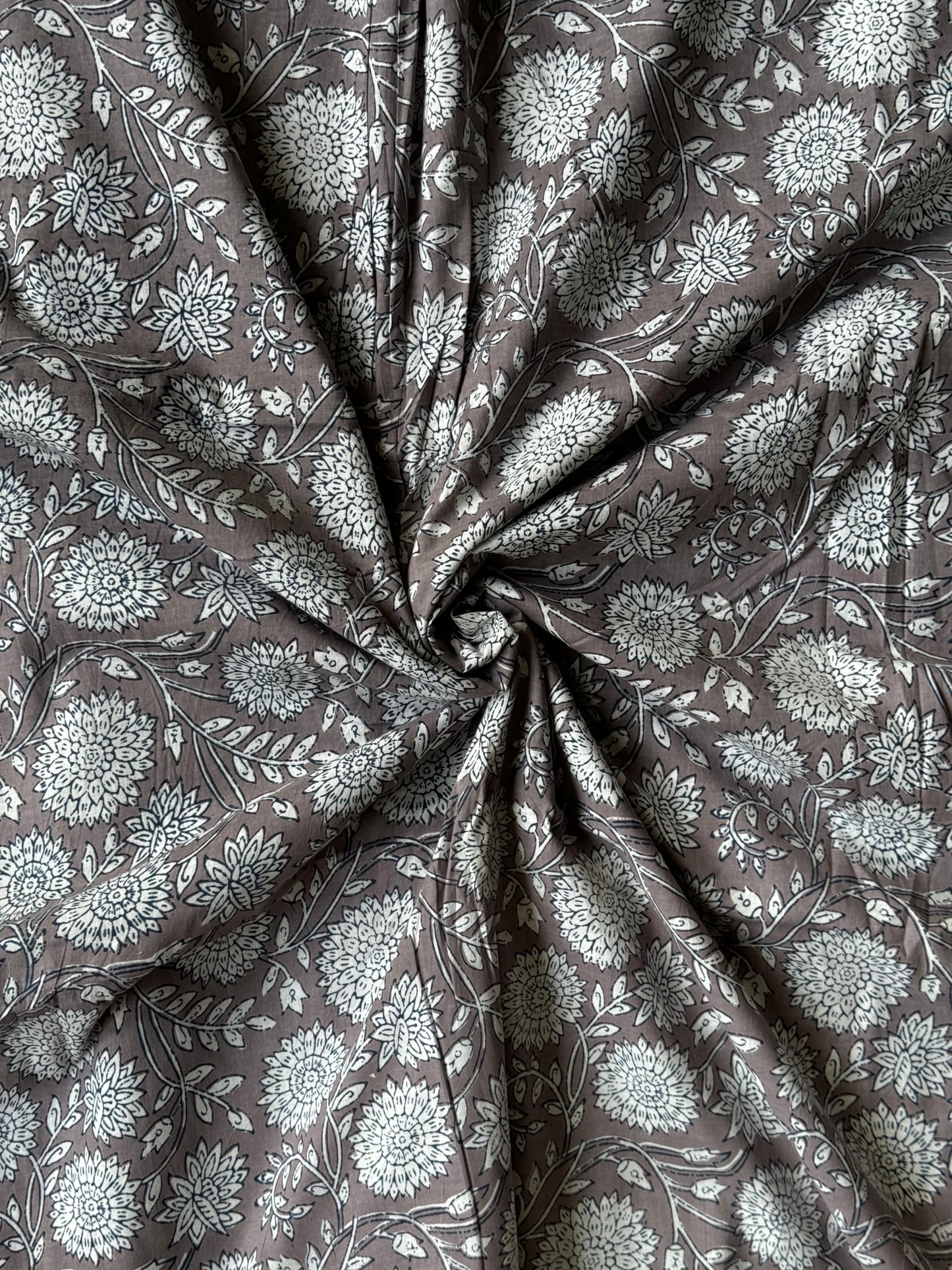 Brownish grey floral hand block printed soft cotton fabric