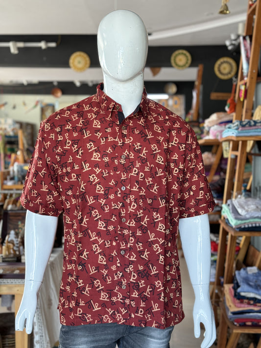 Maroon Devnagari (Hindi) varnamala akshar print half sleeves mens natural dye, hand block printed cotton shirt