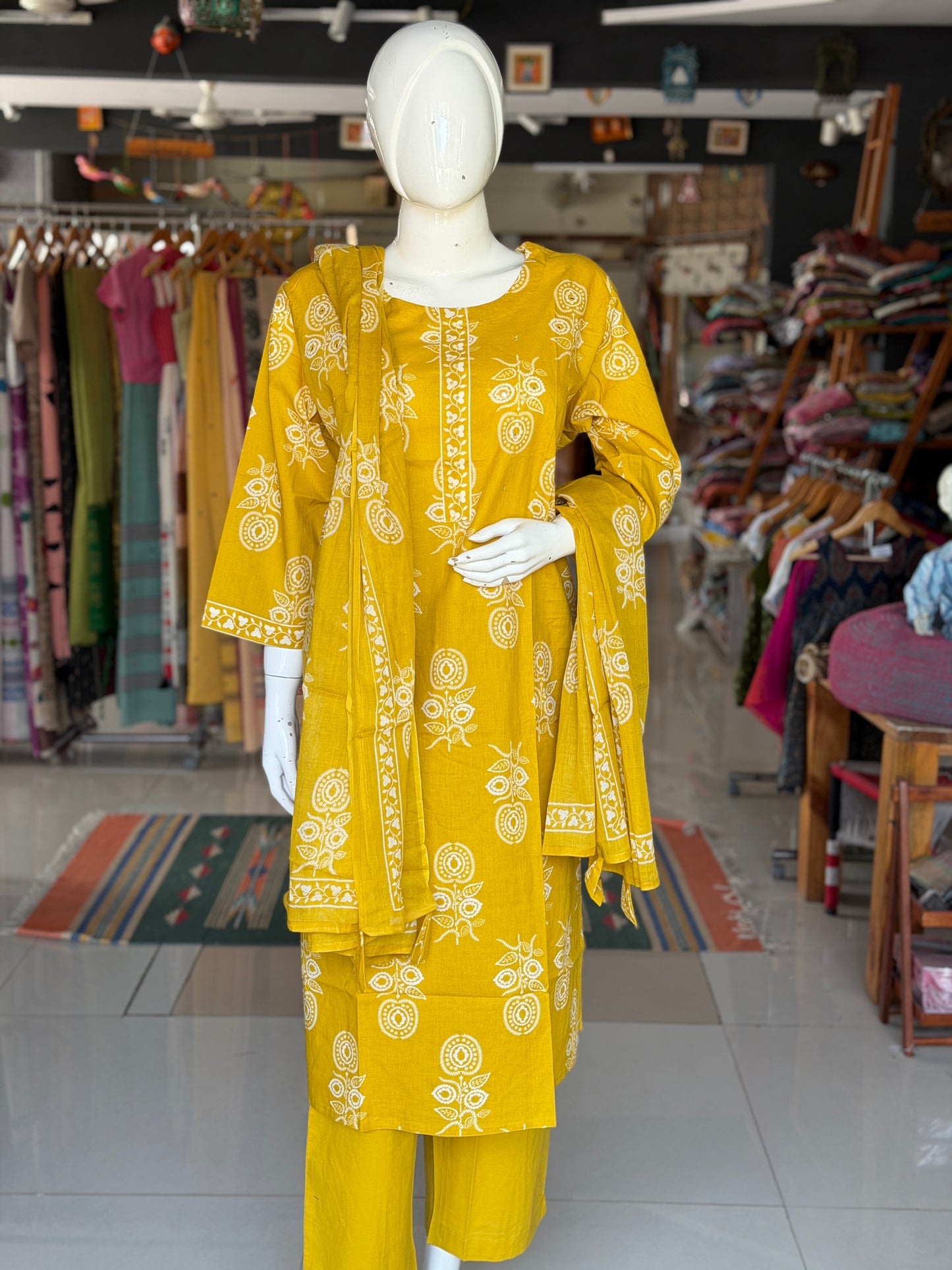 Mustard yellow plus size cotton embroidered straight kurti, pants and dupatta - 3 piece suit set - multiple sizes available