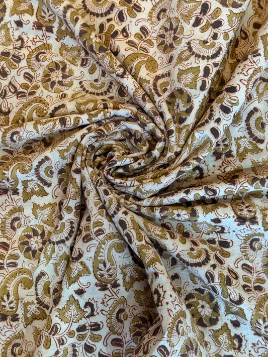 Paisley floral motifs hand block printed natural dyed Kalamkari cotton fabric - 63 inches wide panna