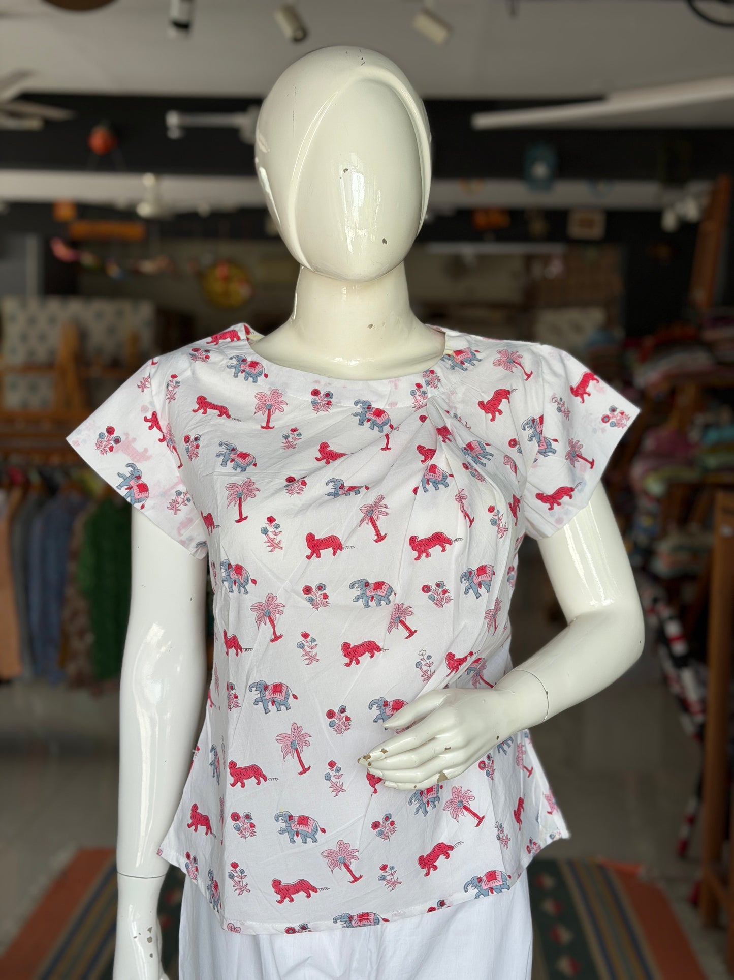 White animal print cotton top - hand block printed with asymmetric pleats