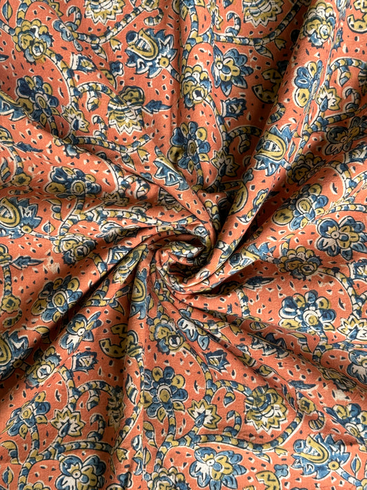Peach hand block printed natural dyed Kalamkari cotton fabric - 60 inches wide panna