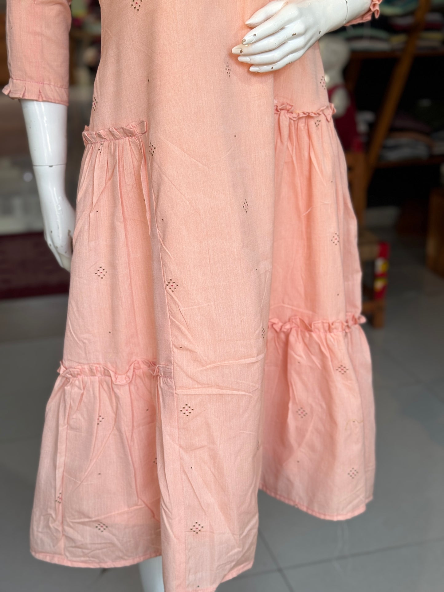 Peach Tangaliya handwoven cotton dress with two tiered side frills