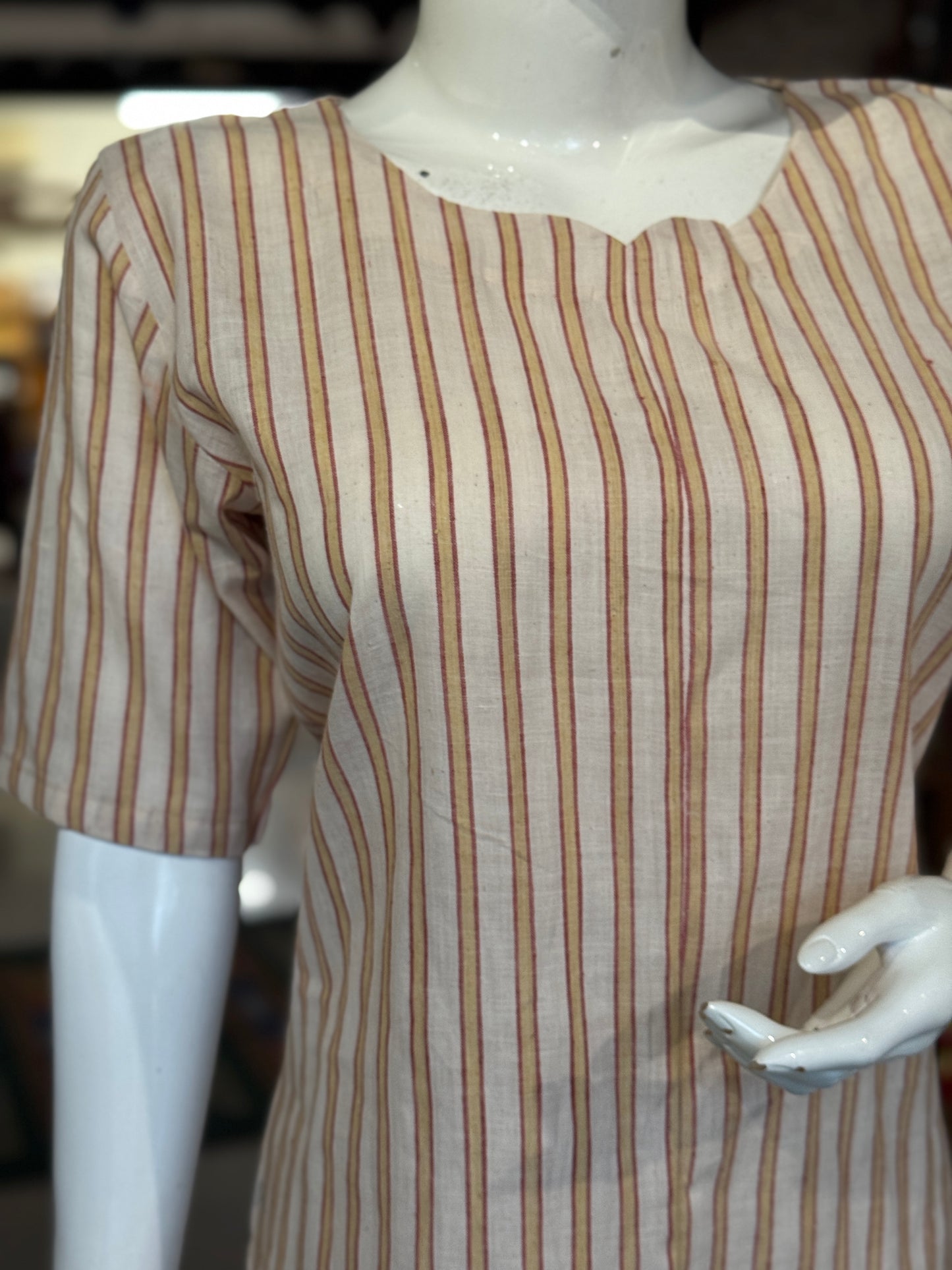 Yellow off white stripes straight kurti - hand spun, handwoven, natural dyed cotton straight kurti