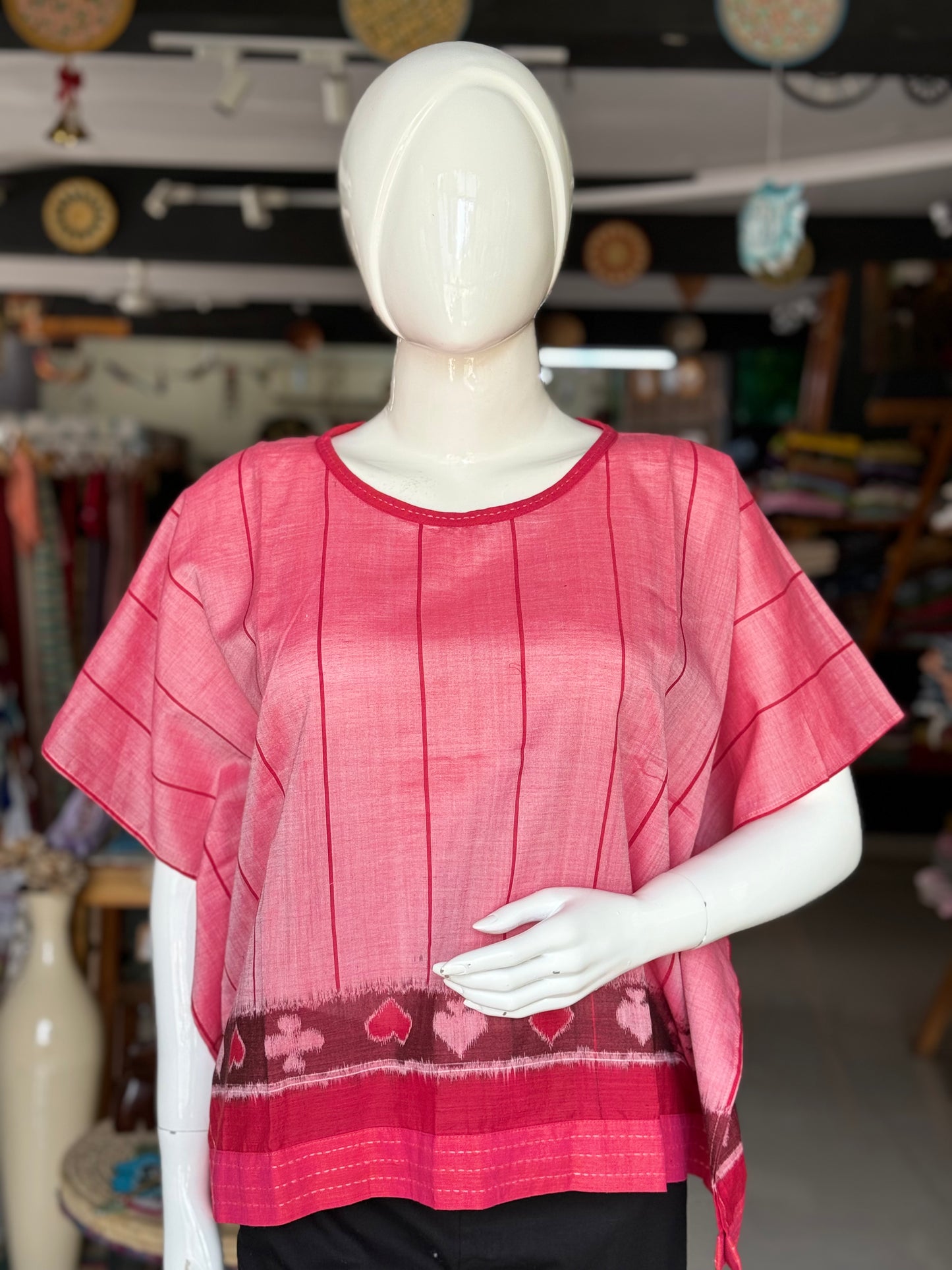 Reddish pink cotton handloom soft ikat kaftan taash cards design top with hand embroidery detailing