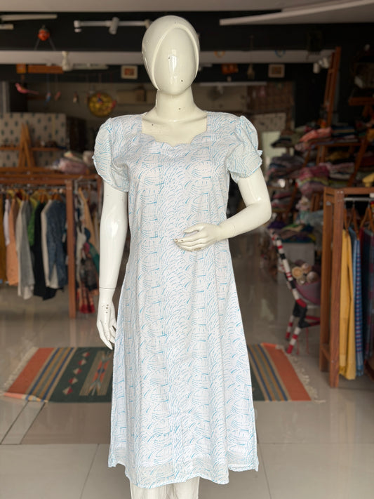 White A-line hand block printed soft cotton kurti with blue waves design