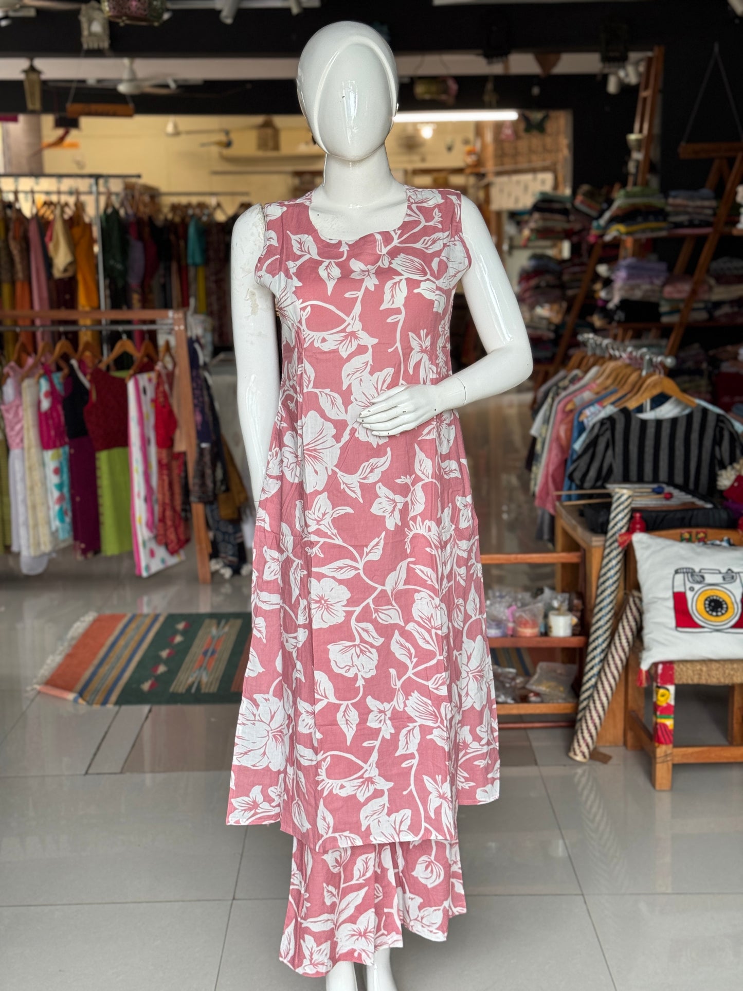 Floral print sleeveless cotton kurti, flared pants - coord set , 2 piece - multiple colors options