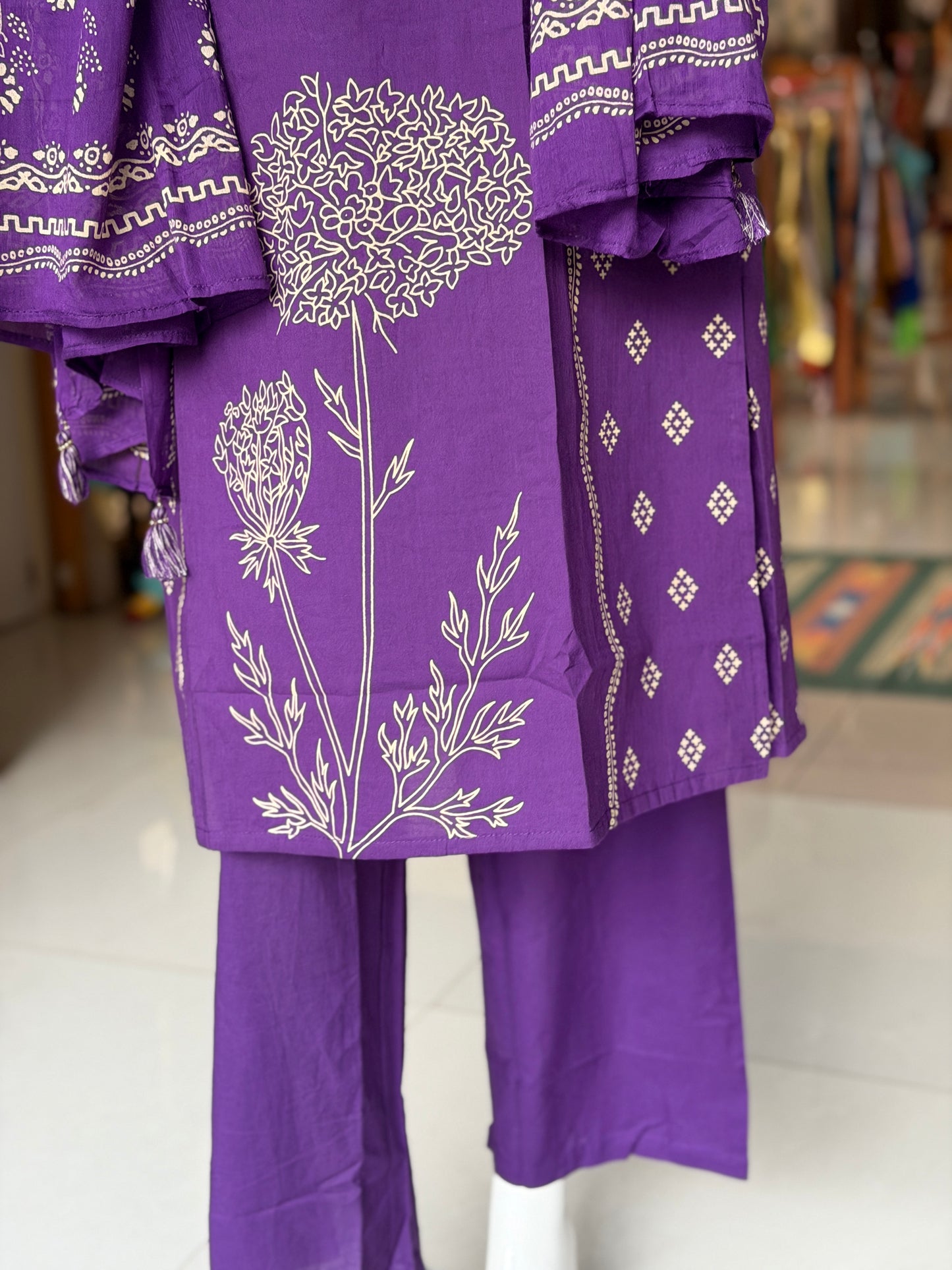 Violet tree print straight kurti, pants and dupatta - 3 piece set