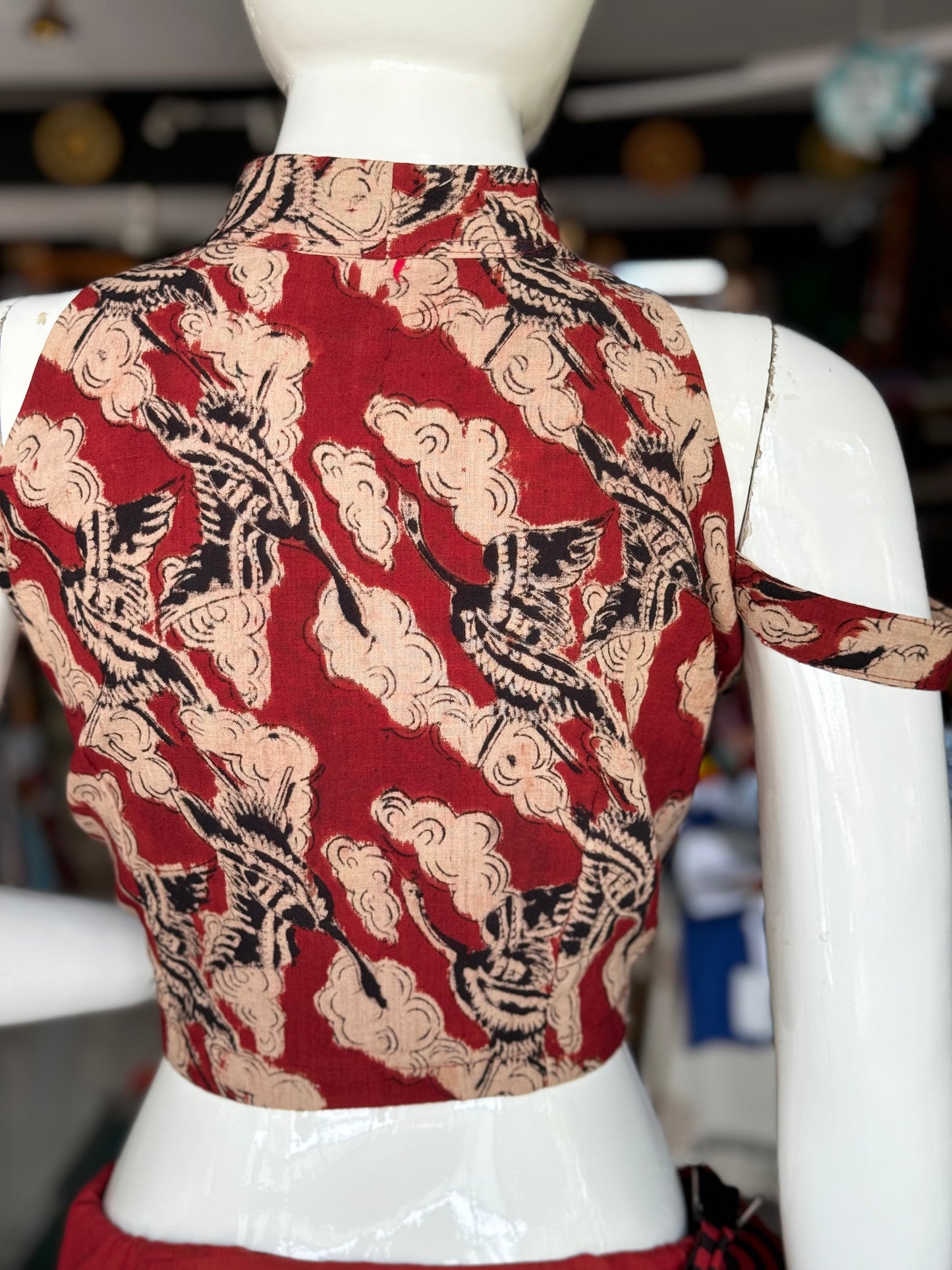 Maroon hand woven, natural dyed, hand block printed malkha cotton band collared blouse with arm straps