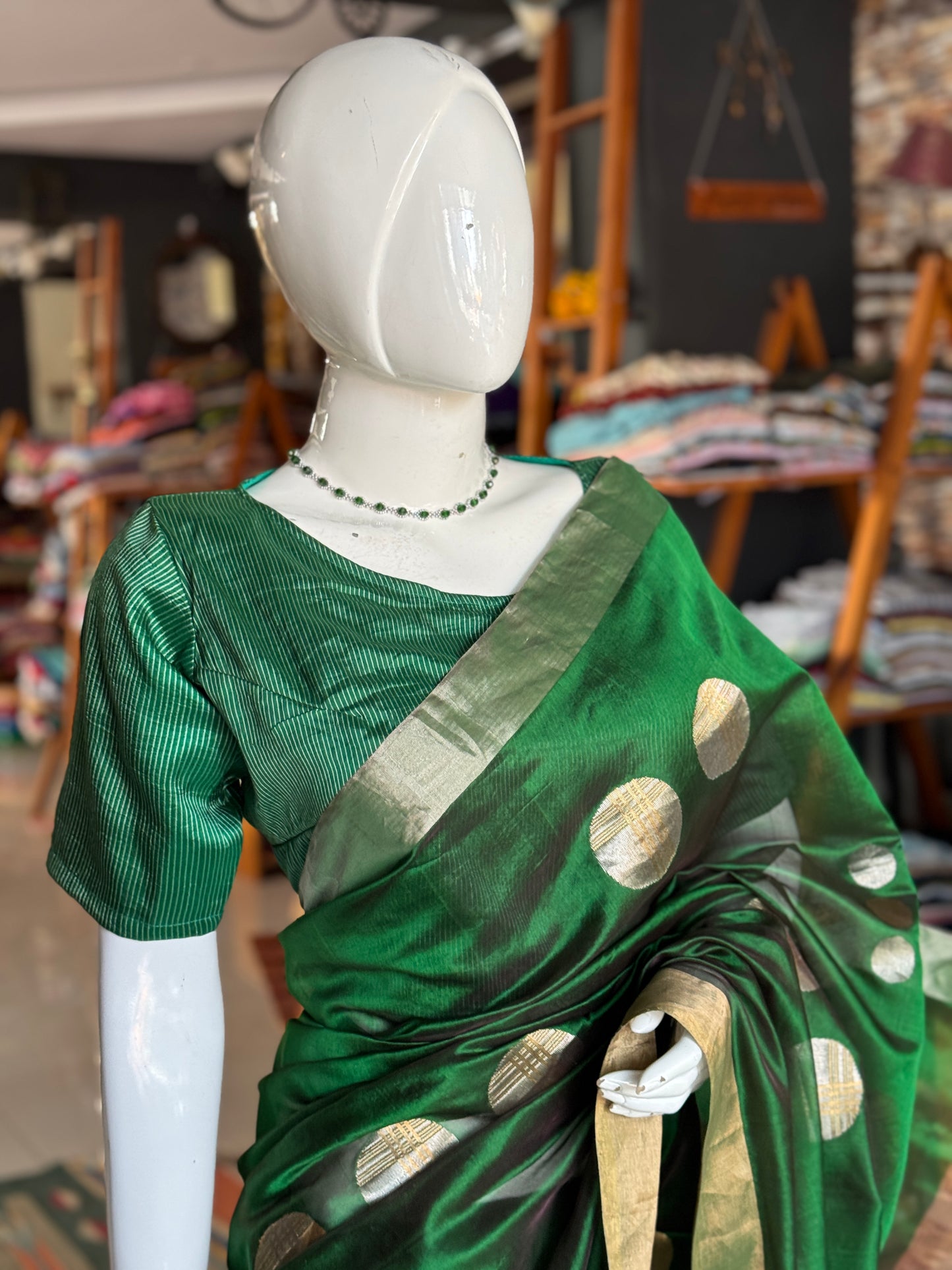 Green Chanderi silk handwoven saree with gold and silver ball butis