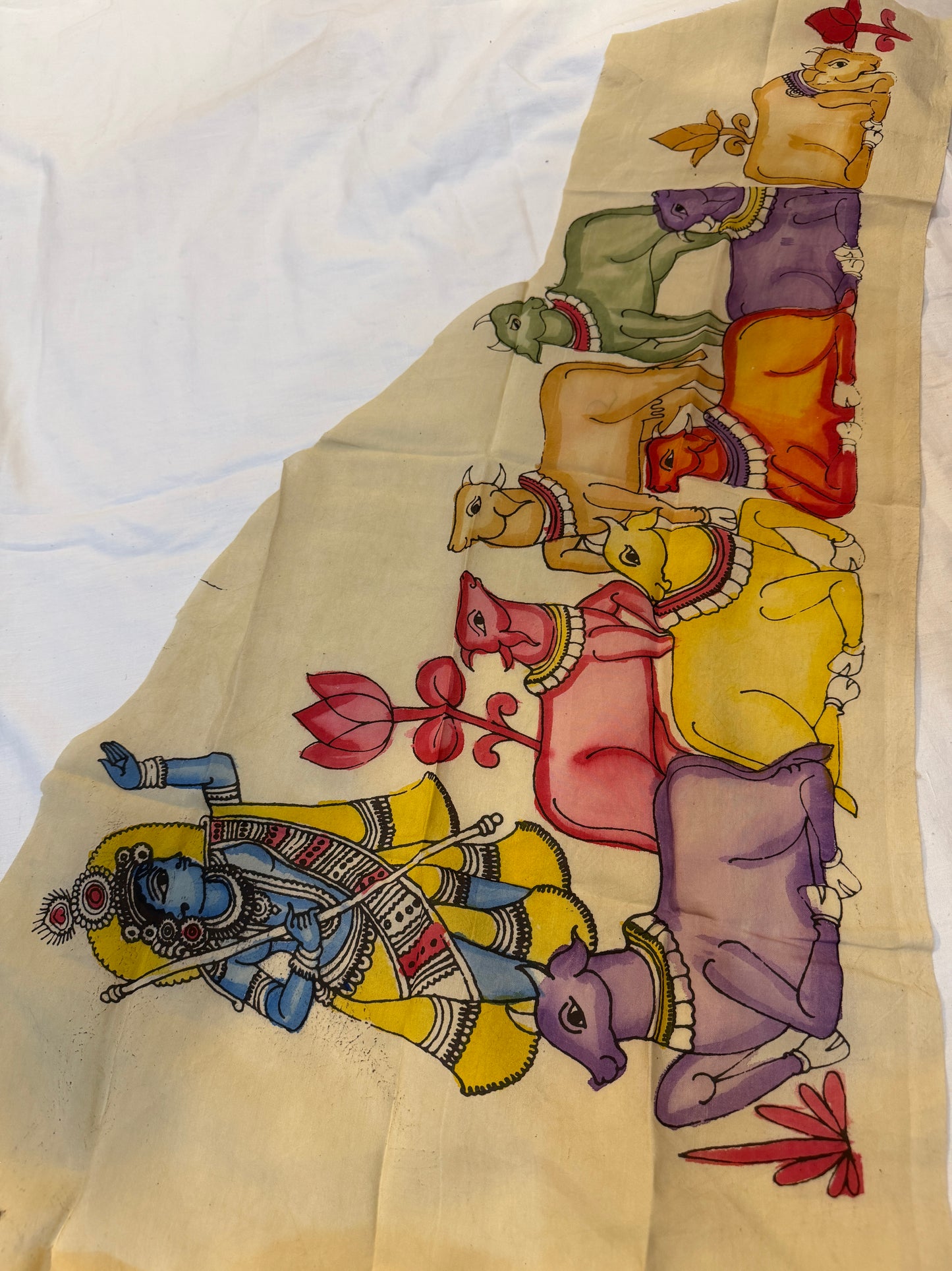 Krishna and his cows - Silk pen Kalamkari hand painted patch