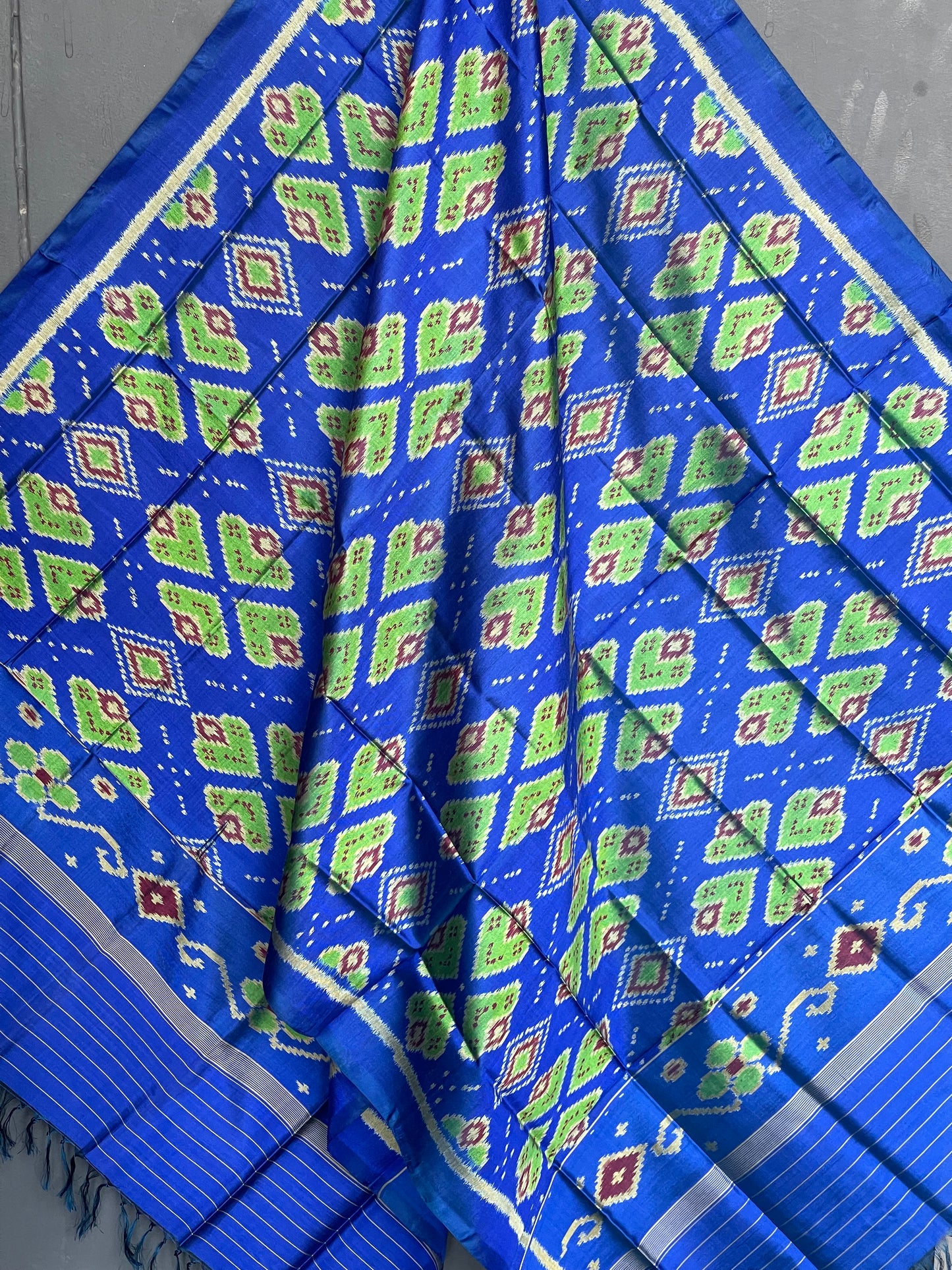 Bright blue and green handwoven mulberry silk ikat patola dupatta