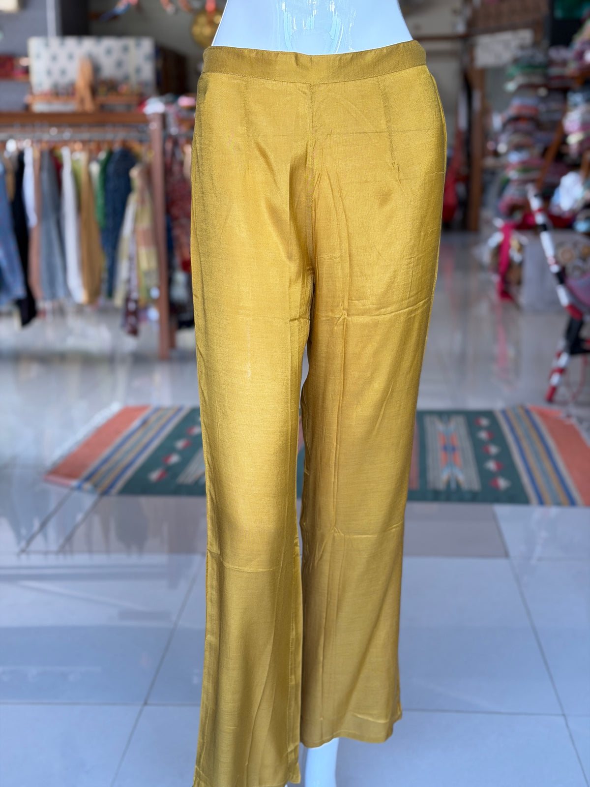 Mustard yellow mul chanderi silk 3 piece set: a-line kurti, pants n dupatta