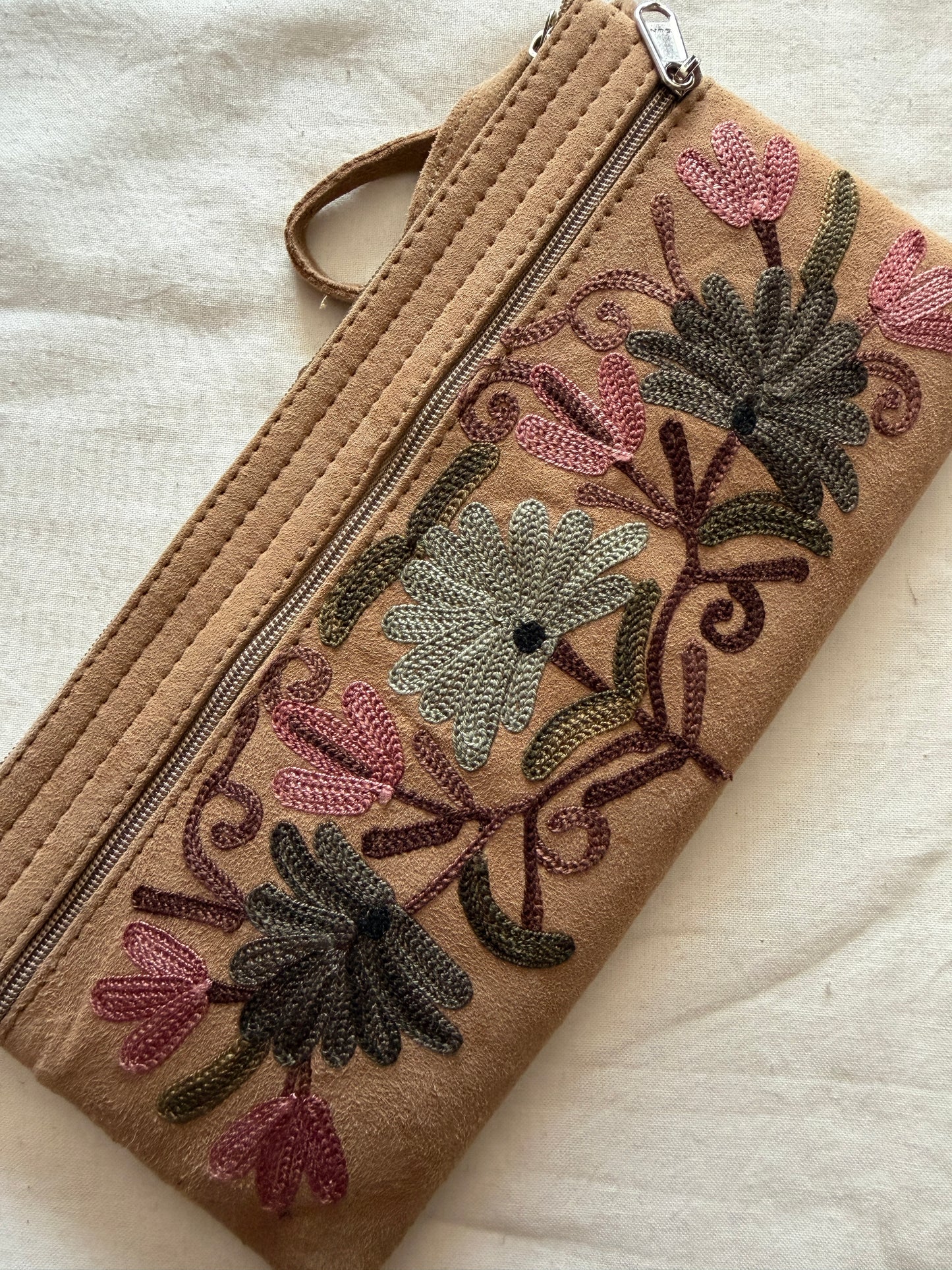 Wristlet pouch with Kashmiri floral Aari embroidery - 3 zippers - color options available