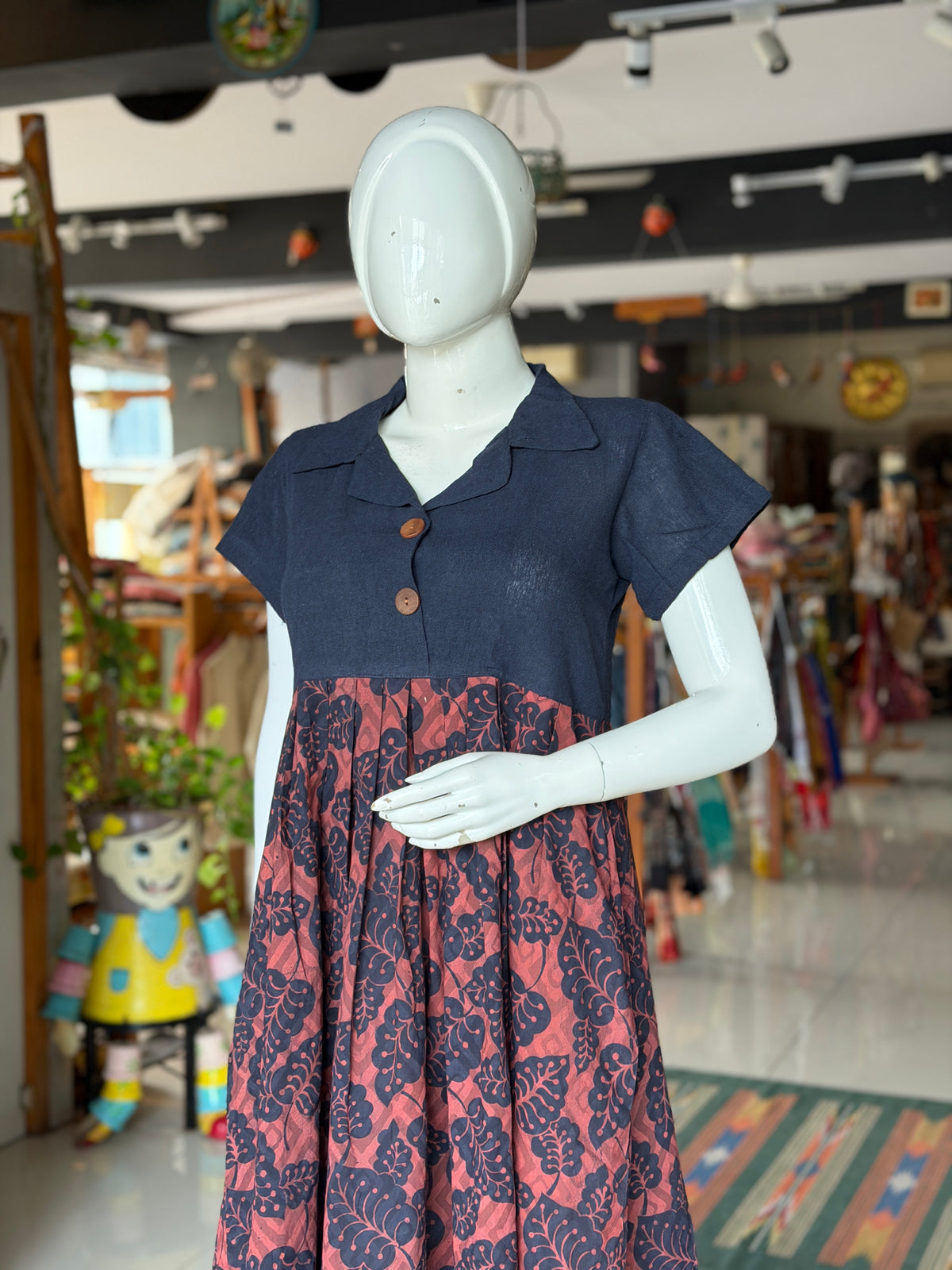 Navy blue kala cotton hand woven shirt look dress with hand block prints