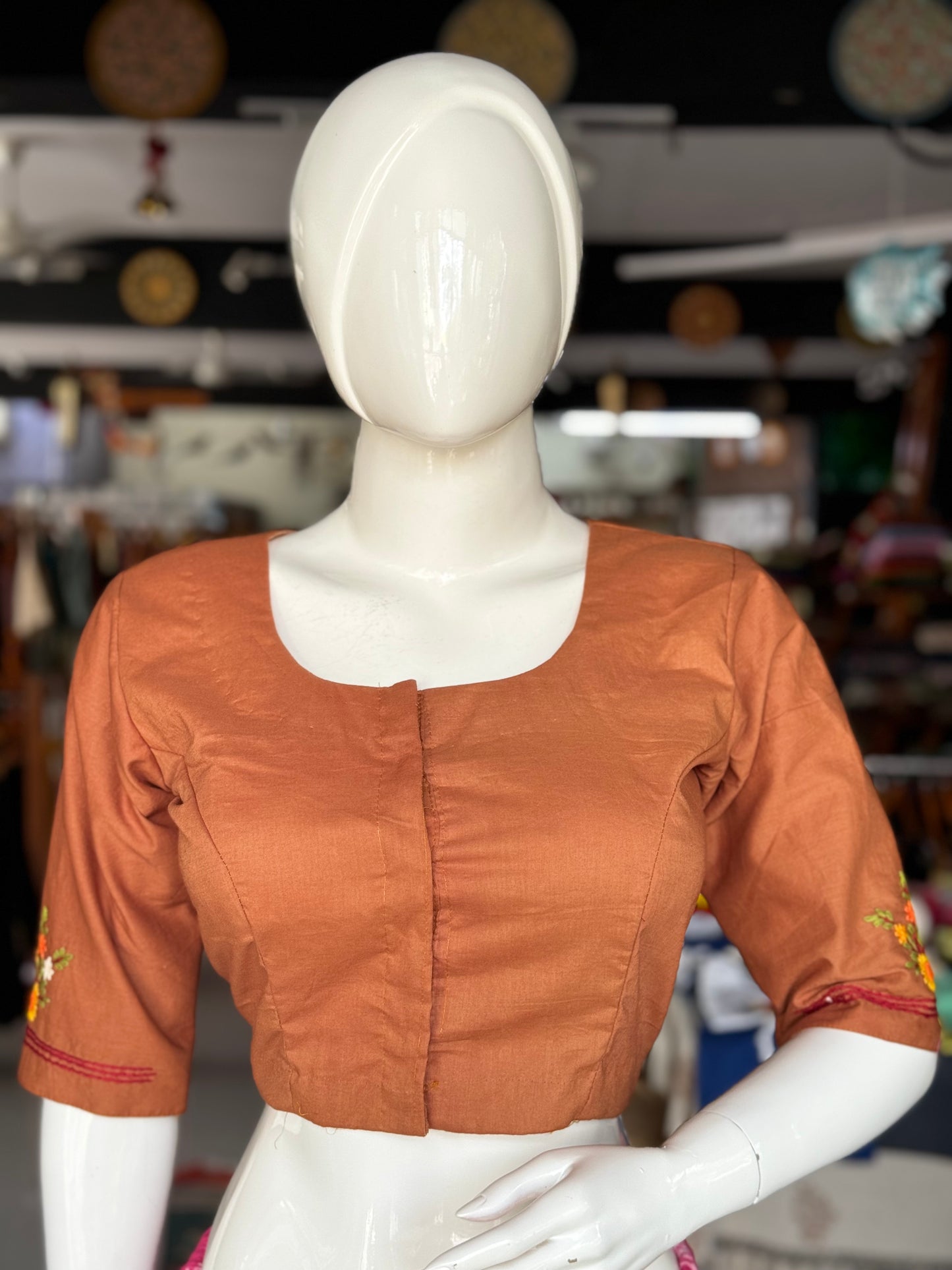 Rust brown flowers hand embroidered cotton blouse with lining