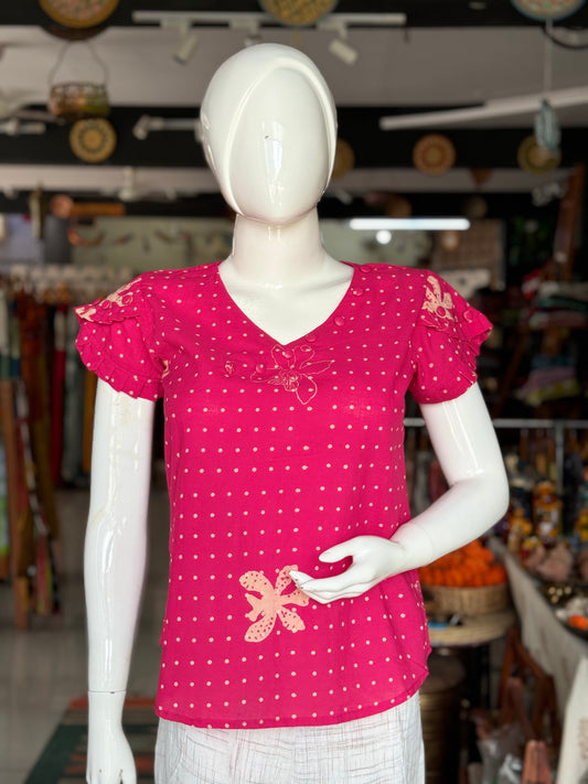 Bright pink polka dots hand block printed cotton top for women with buttons detailing