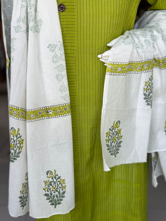 White and green soft cotton hand block printed dupatta