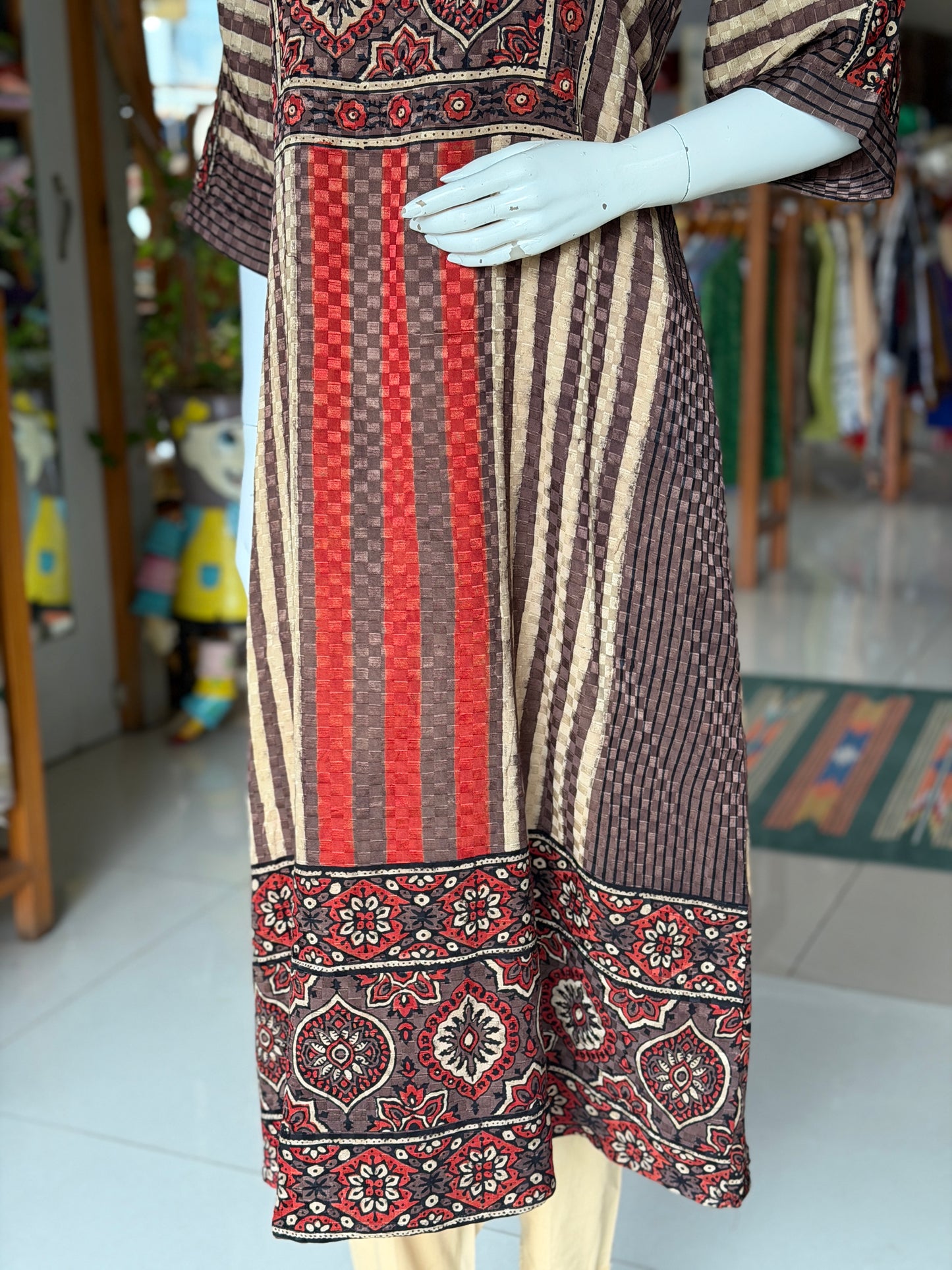 Brown n beige Ajrakh hand block printed a-line kurti
