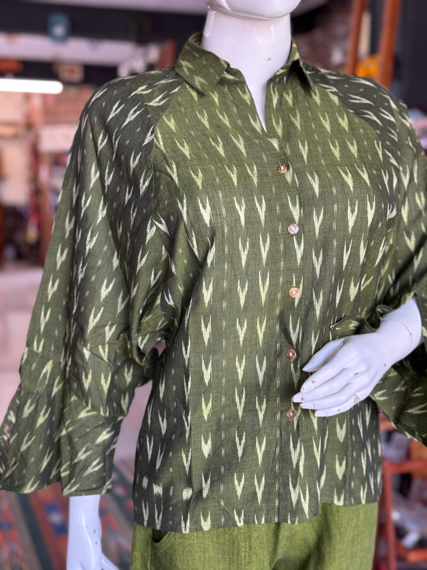 Green cotton hand woven Ikat shirt - click to see designs