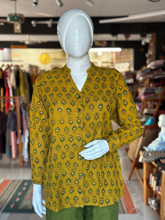 Olive green Chinese collared top with V-neckline - hand block printed, Hand spun, hand woven cotton