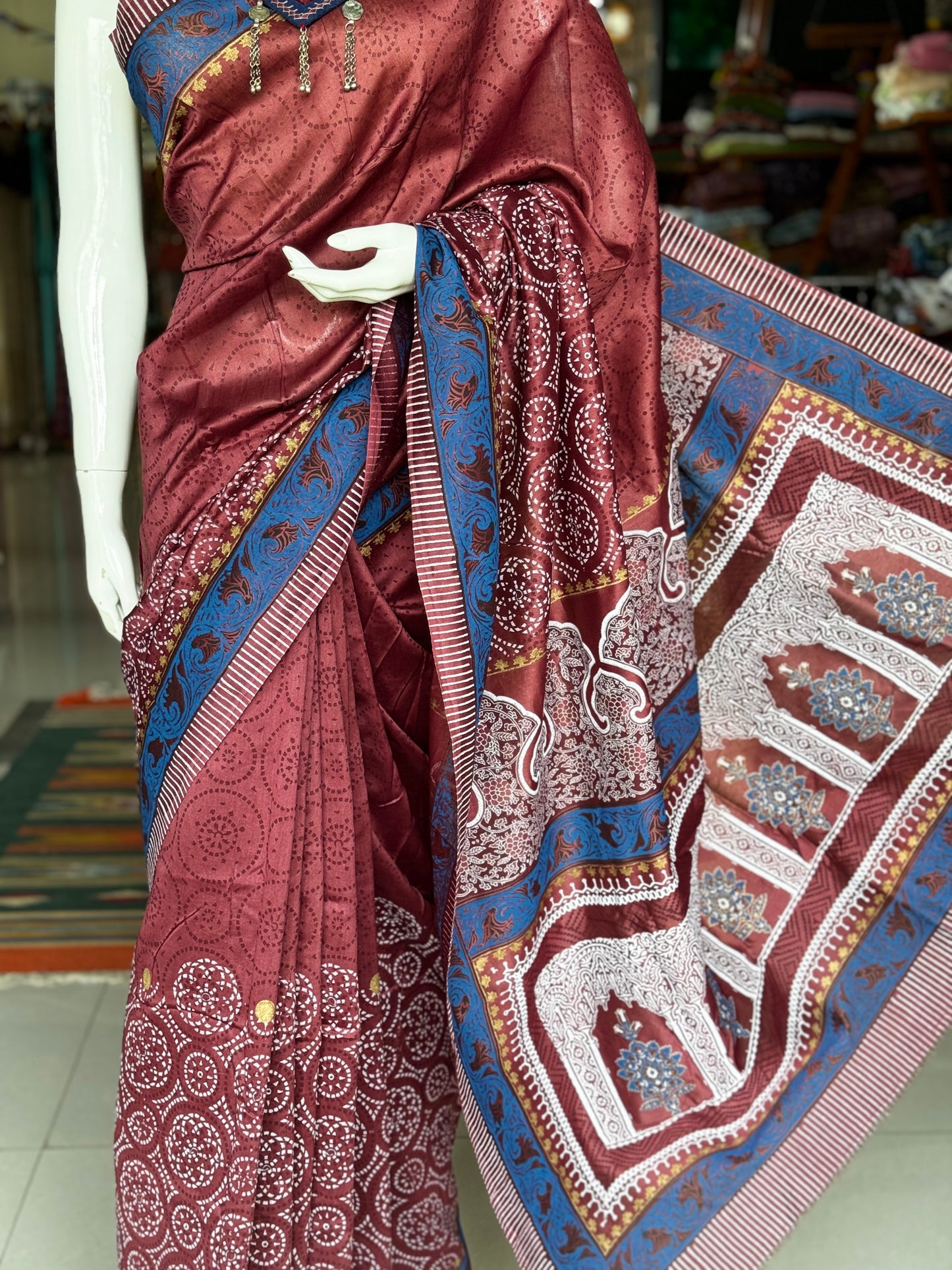 Wine shade hand block print silk cotton saree