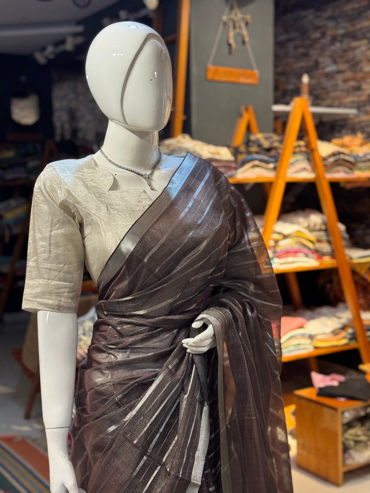 Brown silk cotton Maheshwari handloom saree with thin n thick silver zari stripes all over