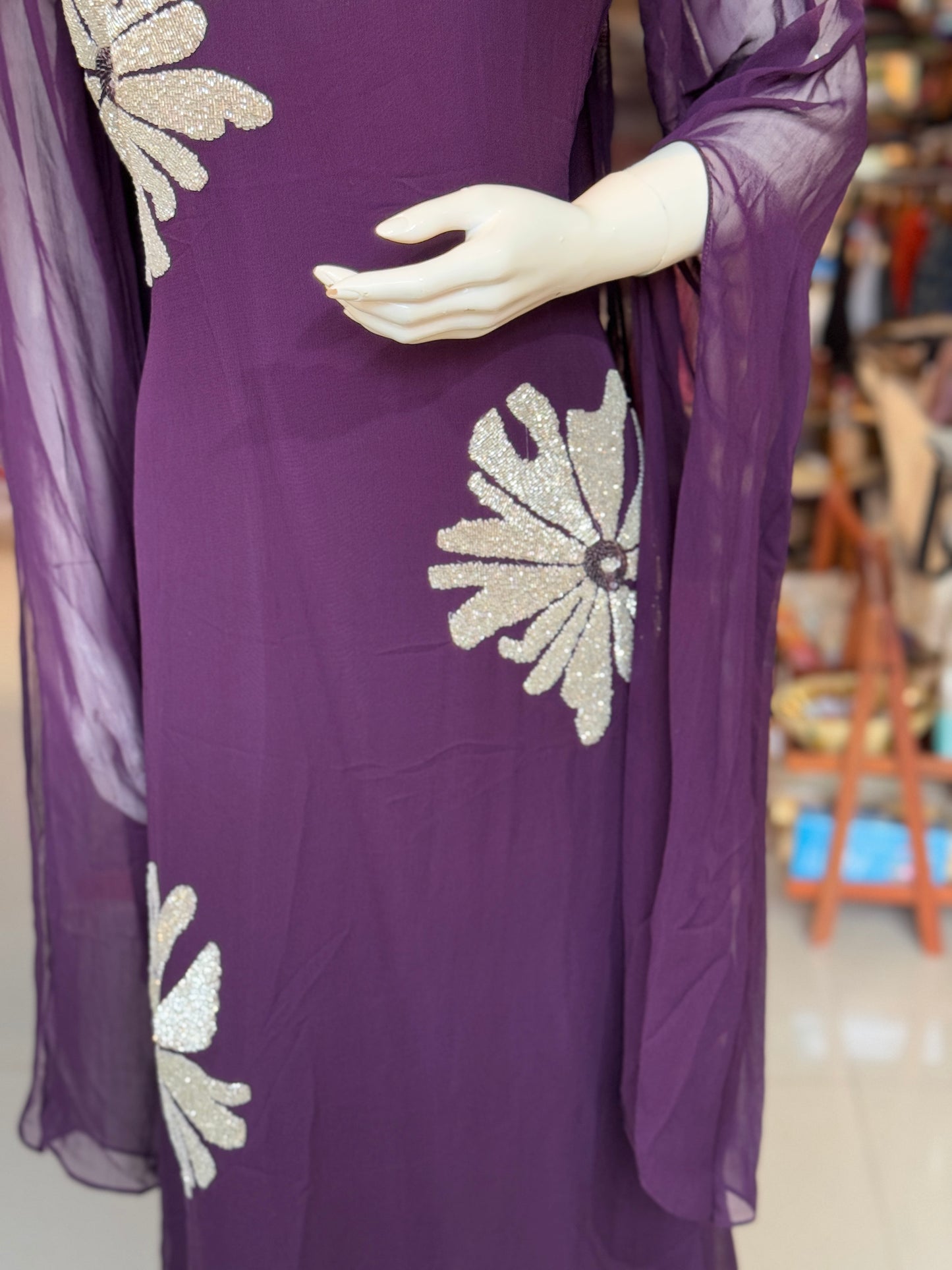 Purple cut dana embroidered Georgette long dress with cape sleeves and stole - party outfit