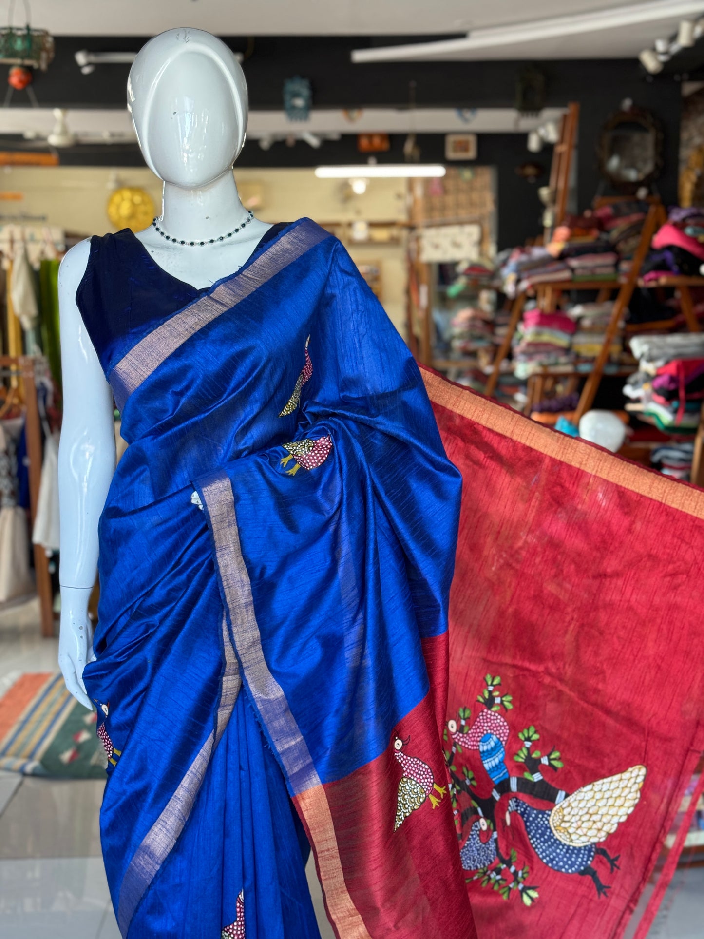Royal blue Gond hand painted, hand woven raw silk saree