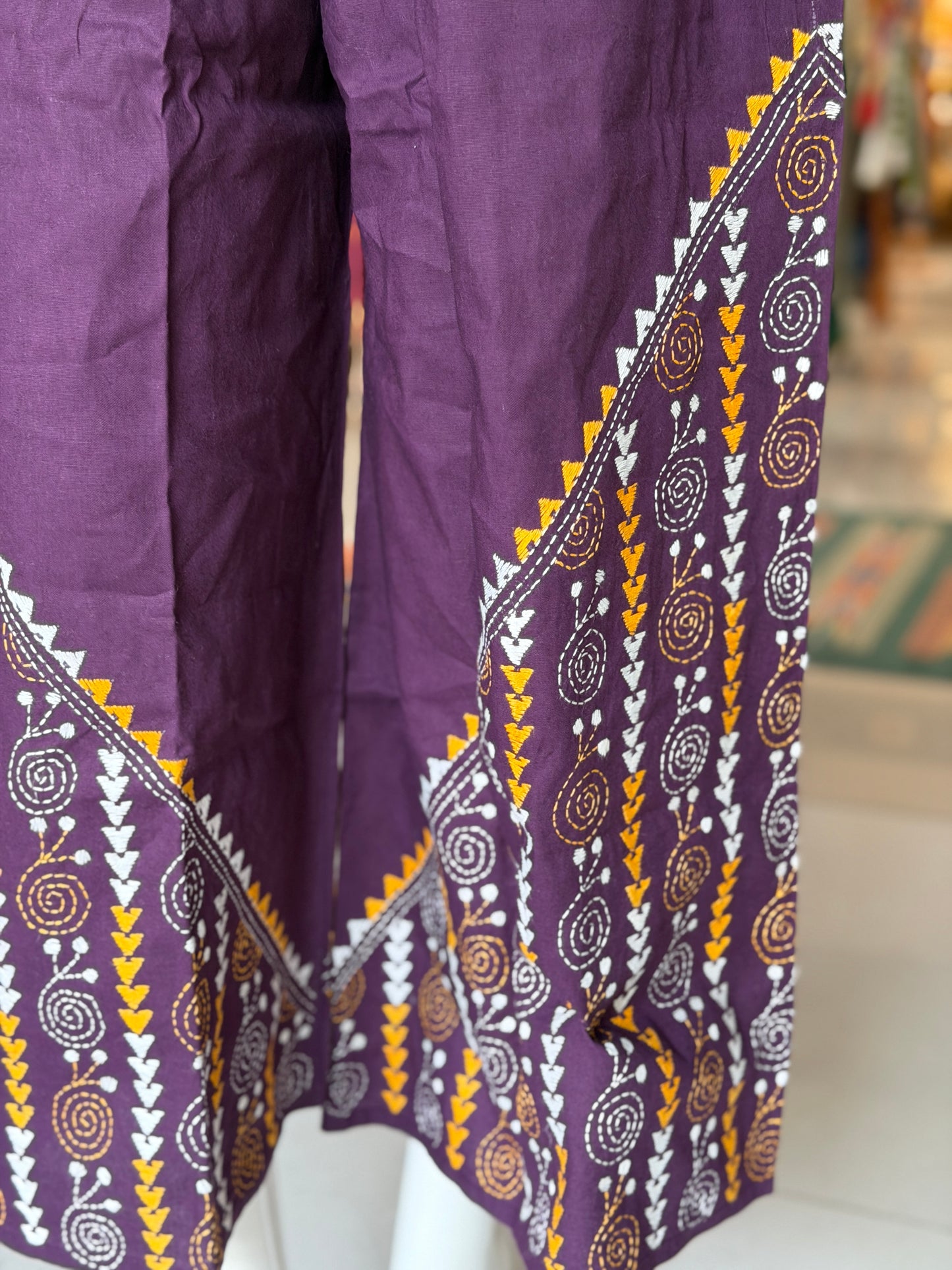 Kantha hand embroidered cotton poplin free size plazo with front pocket