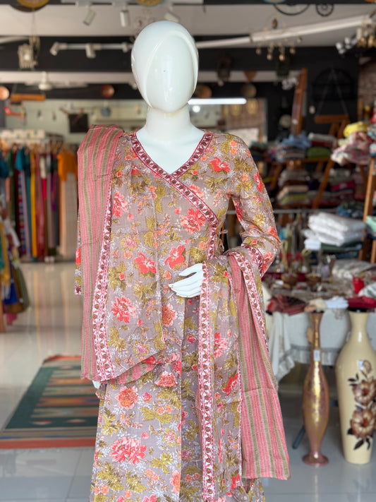 Grey and orange floral angrakha look cotton flared kurti, pants and dupatta - 3 piece suit set