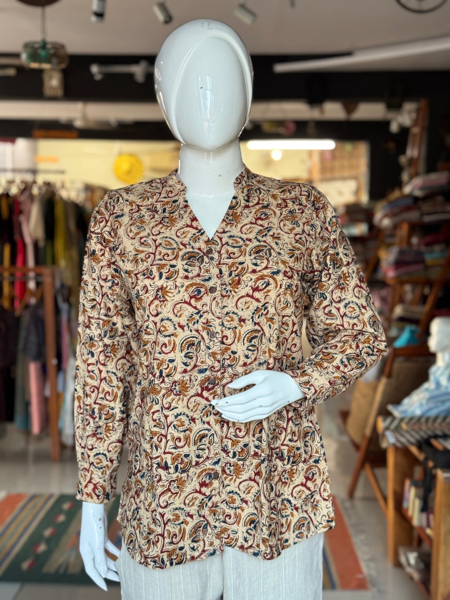 Beige Kalamkari Chinese collared top with V-neckline - hand block printed, Hand spun, hand woven cotton