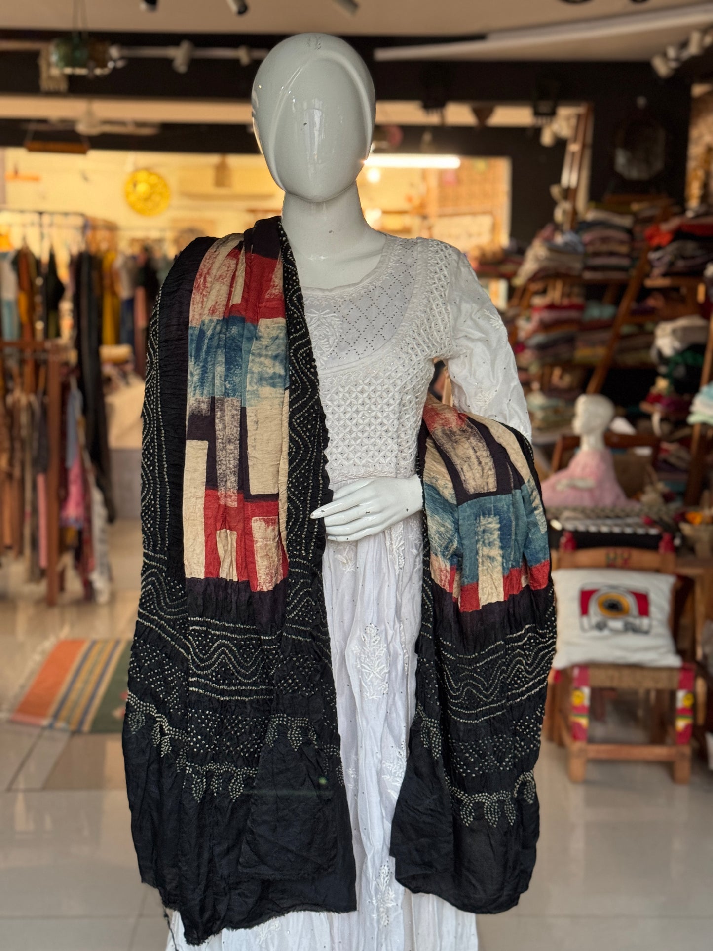 Ajrakh bandini tie dye gajji silk dupatta - fine Bandhej with hand block Ajrakh