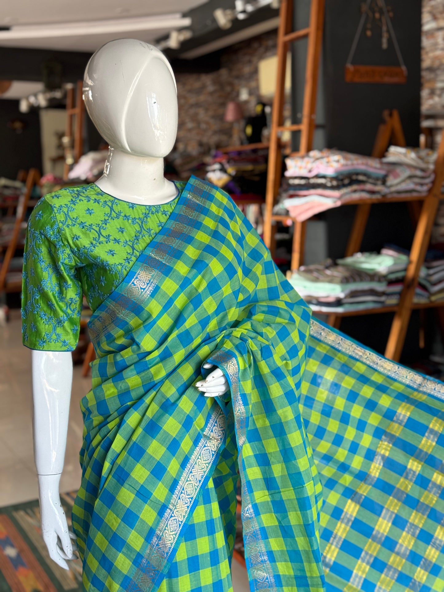 Blue green checks Chettinad cotton handloom saree